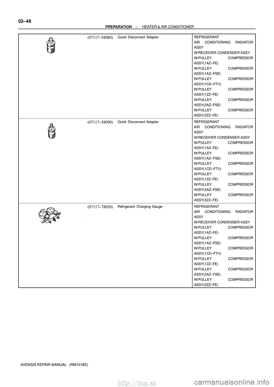 TOYOTA AVENSIS 2003 Service Repair Manual 02±48
±
PREPARATION HEATER & AIR CONDITIONER
AVENSIS REPAIR MANUAL (RM1018E)
(07117±58080)Quick Disconnect AdapterREFRIGERANT
AIR CONDITIONING RADIATOR
ASSY
W/RECEIVER CONDENSER ASSY
W/PULLEY COM TOYOTA AVENSIS 2003 Service Repair Manual 02±48
±
PREPARATION HEATER & AIR CONDITIONER
AVENSIS REPAIR MANUAL (RM1018E)
(07117±58080)Quick Disconnect AdapterREFRIGERANT
AIR CONDITIONING RADIATOR
ASSY
W/RECEIVER CONDENSER ASSY
W/PULLEY COM