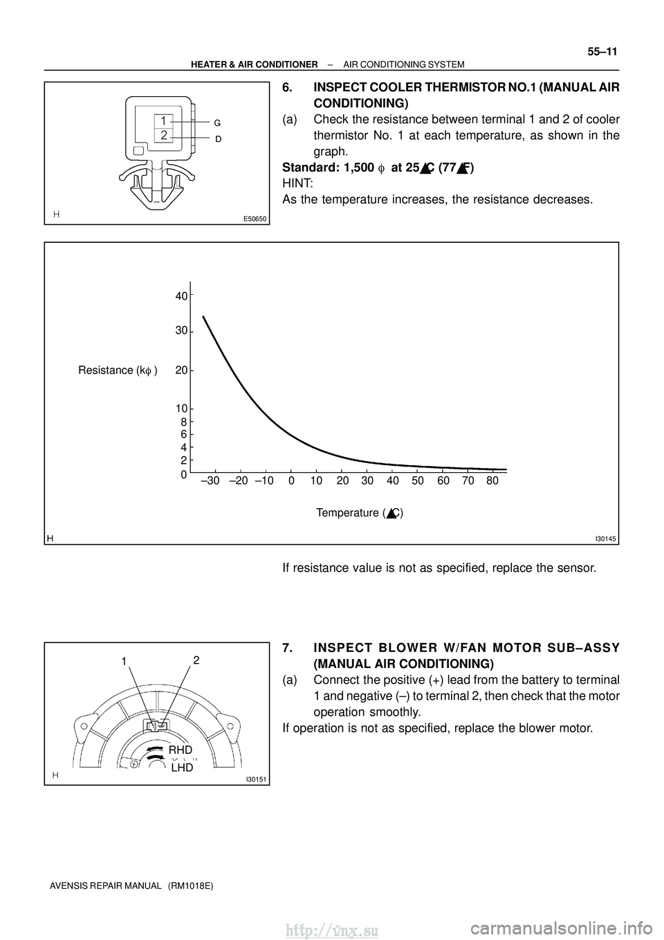 TOYOTA AVENSIS 2003  Service Repair Manual 
E50650
I30145
40
30
20
10 8
6
4
2
0 ±30 ±20 ±10 0 10 20 30 50 60 70 80 40
Resistance (k
)
Temperature (C)
I30151
2
1
LHD
RHD
±
HEATER & AIR CONDITIONER AIR CONDITIONING SYSTEM
55±11
AVENSIS 