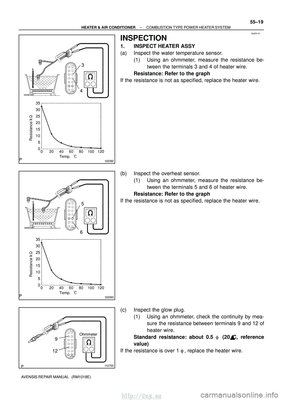 TOYOTA AVENSIS 2003  Service Repair Manual 550ZH±01
I32392
3
4
I32393
5
6
I12755
9
12
Ohmmeter
±
HEATER & AIR CONDITIONER COMBUSTION TYPE POWER HEATER SYSTEM
55±19
AVENSIS REPAIR MANUAL   (RM1018E)
INSPECTION
1. INSPECT HEATER ASSY
(a) Insp
