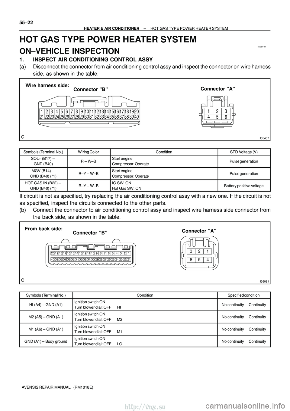 TOYOTA AVENSIS 2003  Service Repair Manual 550ZI±01
I35437
Connector ºBº
Wire harness side:
Connector ºAº
I36091
Connector ºBº
From back side:
Connector ºAº
55±22
±
HEATER & AIR CONDITIONER HOT GAS TYPE POWER HEATER SYSTEM
AVENSIS R