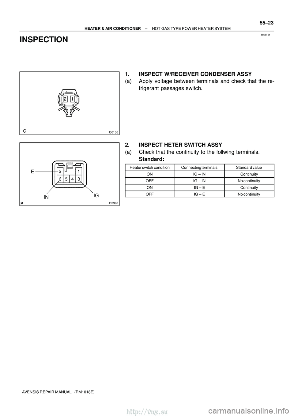 TOYOTA AVENSIS 2003  Service Repair Manual 550ZJ±01
I36136
I32396
EIN
IG
±
HEATER & AIR CONDITIONER HOT GAS TYPE POWER HEATER SYSTEM
55±23
AVENSIS REPAIR MANUAL   (RM1018E)
INSPECTION
1. INSPECT W/RECEIVER CONDENSER ASSY
(a) Apply voltage b