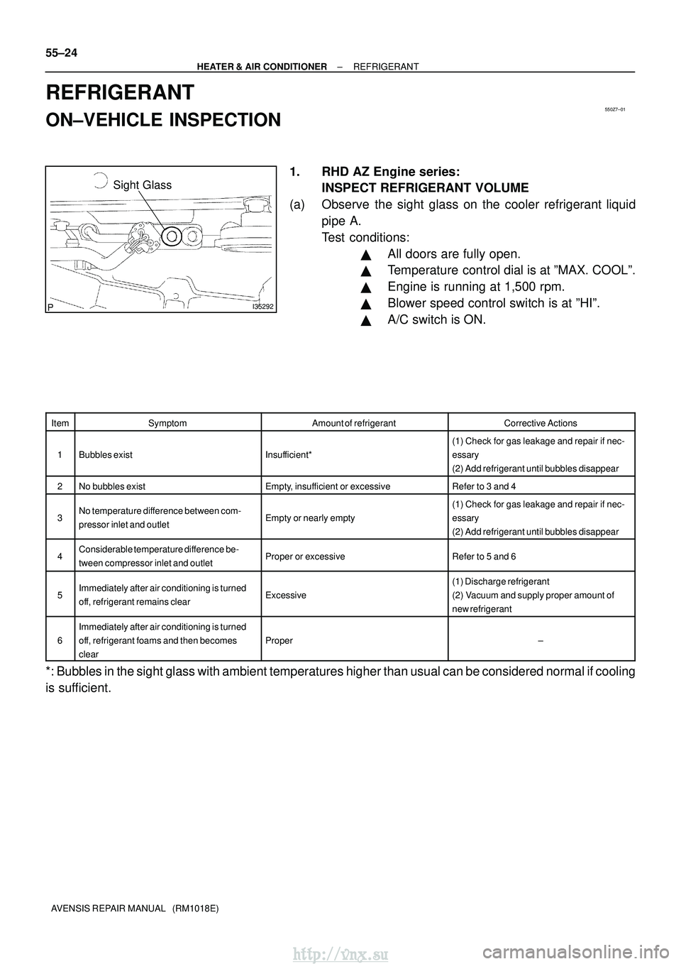 TOYOTA AVENSIS 2003  Service Repair Manual 550Z7±01
I35292
Sight Glass
55±24
±
HEATER & AIR CONDITIONER REFRIGERANT
AVENSIS REPAIR MANUAL   (RM1018E)
REFRIGERANT
ON±VEHICLE INSPECTION
1. RHD AZ Engine series: INSPECT REFRIGERANT VOLUME
(a)