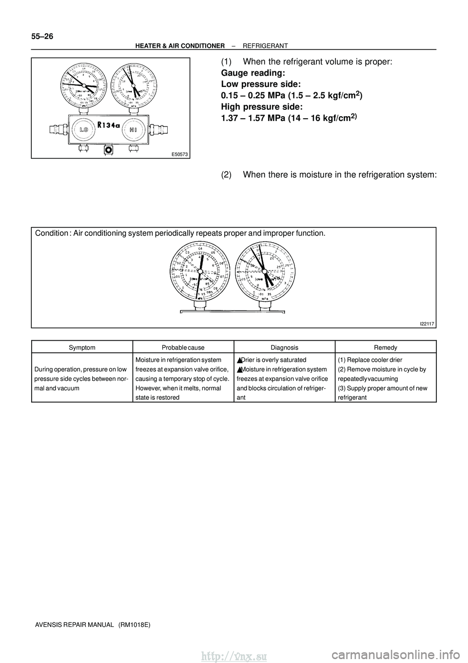 TOYOTA AVENSIS 2003  Service Repair Manual E50573
I22117
Condition : Air conditioning system periodically repeats proper and improper functi\
on.
55±26
±
HEATER & AIR CONDITIONER REFRIGERANT
AVENSIS REPAIR MANUAL   (RM1018E)
(1) When the ref