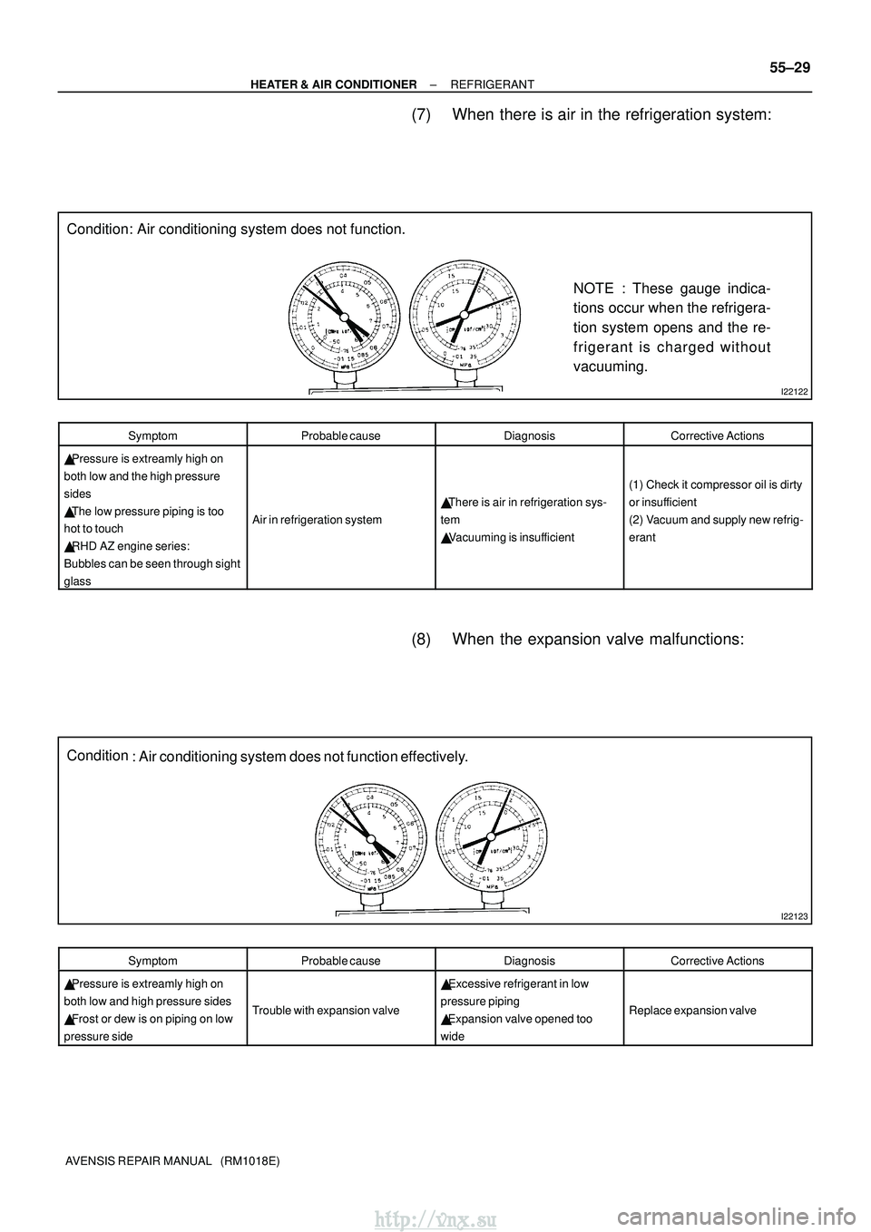 TOYOTA AVENSIS 2003  Service Repair Manual I22122
Condition: Air conditioning system does not function.NOTE : These gauge indica-
tions occur when the refrigera-
tion system opens and the re-
frigerant is charged without
vacuuming.
I22123
Cond