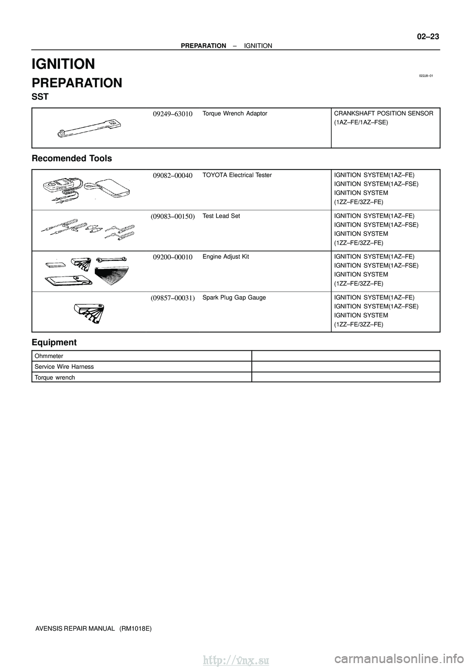 TOYOTA AVENSIS 2003 Service Repair Manual 022J8±01
±
PREPARATION IGNITION
02±23
AVENSIS REPAIR MANUAL (RM1018E)
IGNITION
PREPARATION
SST
09249±63010Torque Wrench AdaptorCRANKSHAFT POSITION SENSOR
(1AZ±FE/1AZ±FSE)
Recomended Tools
090 TOYOTA AVENSIS 2003 Service Repair Manual 022J8±01
±
PREPARATION IGNITION
02±23
AVENSIS REPAIR MANUAL (RM1018E)
IGNITION
PREPARATION
SST
09249±63010Torque Wrench AdaptorCRANKSHAFT POSITION SENSOR
(1AZ±FE/1AZ±FSE)
Recomended Tools
090