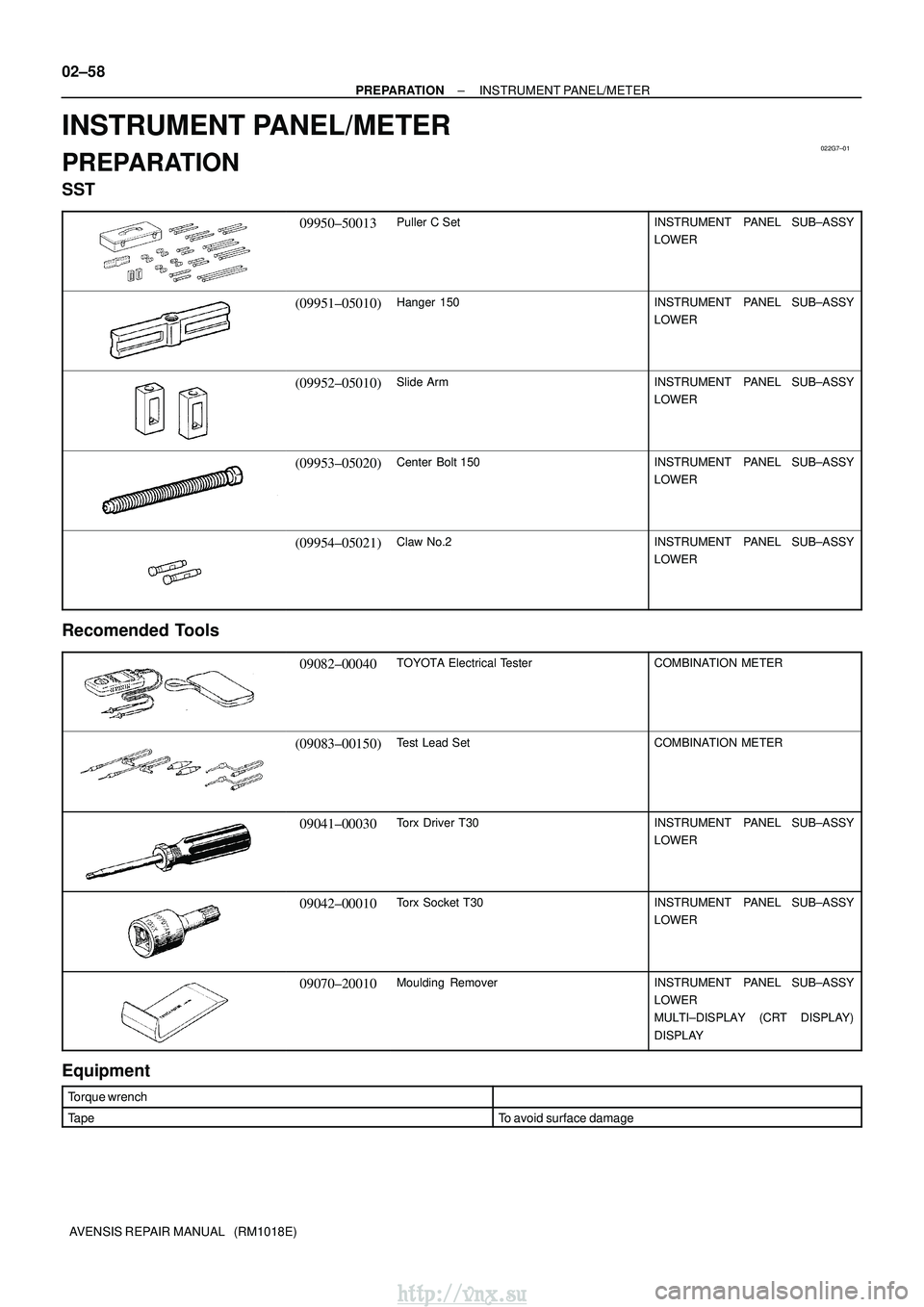 TOYOTA AVENSIS 2003 Service Repair Manual 022G7±01
02±58
±
PREPARATION INSTRUMENT PANEL/METER
AVENSIS REPAIR MANUAL (RM1018E)
INSTRUMENT PANEL/METER
PREPARATION
SST
09950±50013Puller C SetINSTRUMENT PANEL SUB±ASSY
LOWER
(09951±05010) TOYOTA AVENSIS 2003 Service Repair Manual 022G7±01
02±58
±
PREPARATION INSTRUMENT PANEL/METER
AVENSIS REPAIR MANUAL (RM1018E)
INSTRUMENT PANEL/METER
PREPARATION
SST
09950±50013Puller C SetINSTRUMENT PANEL SUB±ASSY
LOWER
(09951±05010)
