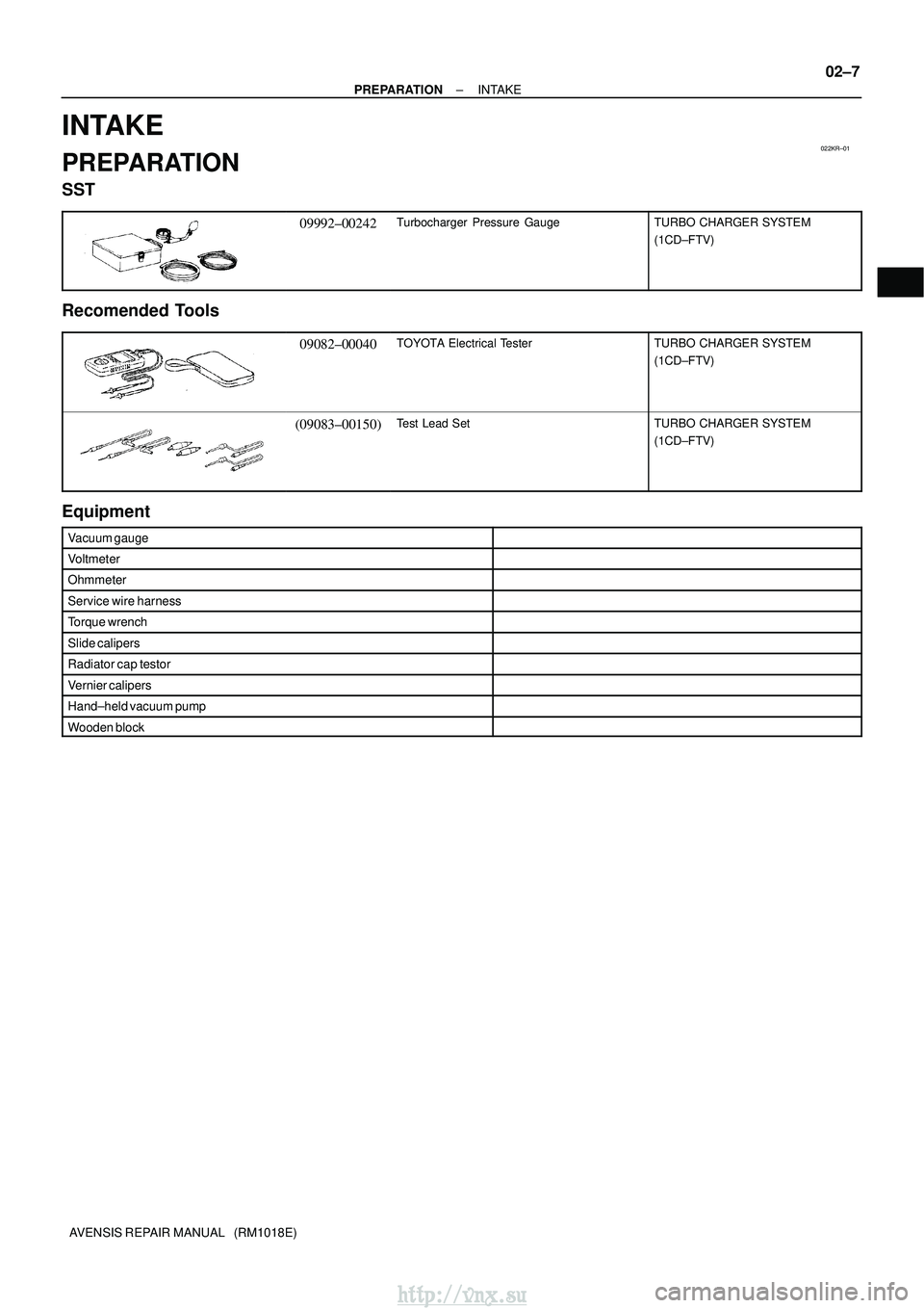 TOYOTA AVENSIS 2003 Service Repair Manual 022KR±01
±
PREPARATION INTAKE
02±7
AVENSIS REPAIR MANUAL (RM1018E)
INTAKE
PREPARATION
SST
09992±00242Turbocharger Pressure GaugeTURBO CHARGER SYSTEM
(1CD±FTV)
Recomended Tools
09082±00040TOYOT TOYOTA AVENSIS 2003 Service Repair Manual 022KR±01
±
PREPARATION INTAKE
02±7
AVENSIS REPAIR MANUAL (RM1018E)
INTAKE
PREPARATION
SST
09992±00242Turbocharger Pressure GaugeTURBO CHARGER SYSTEM
(1CD±FTV)
Recomended Tools
09082±00040TOYOT