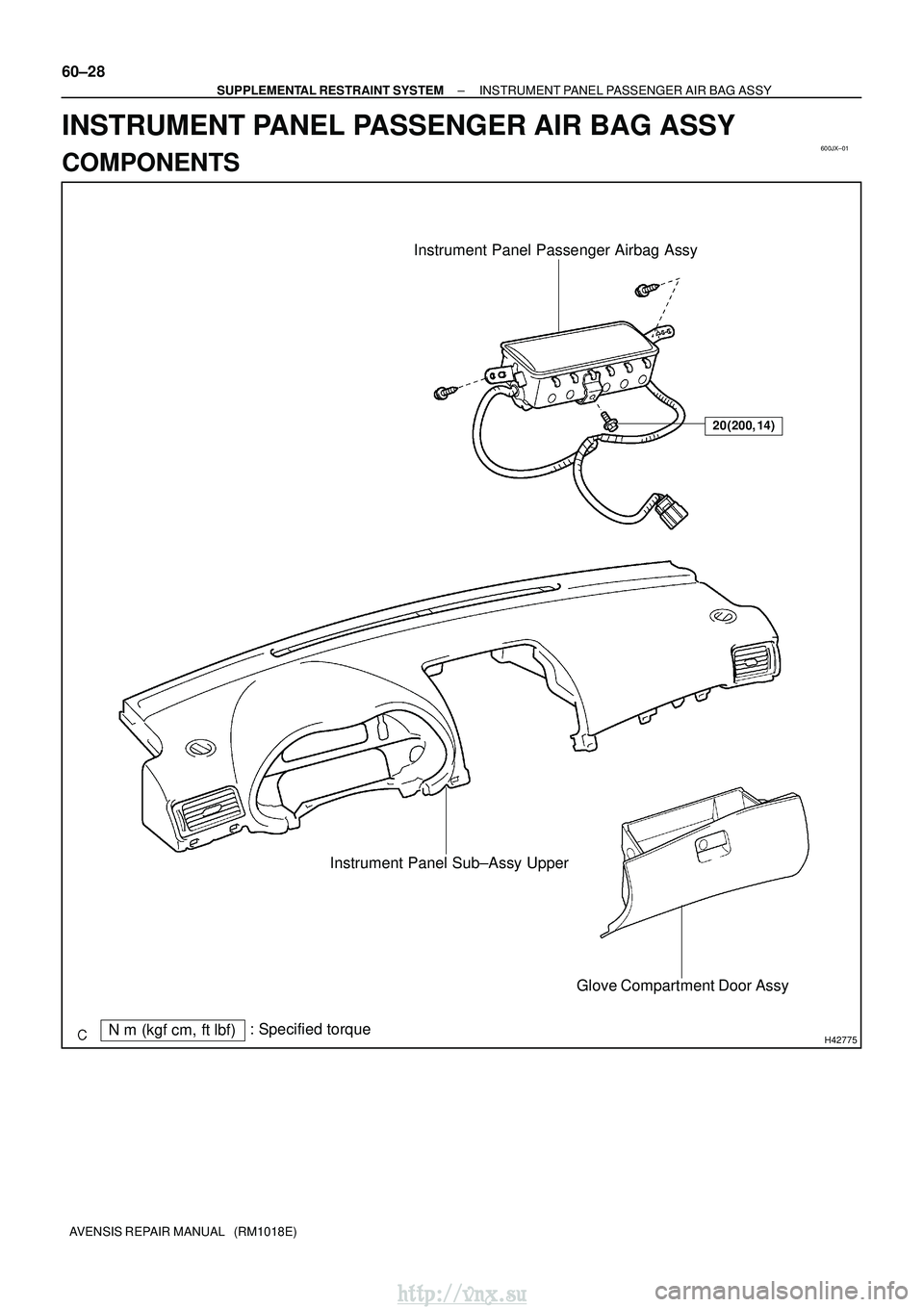 TOYOTA AVENSIS 2003  Service Repair Manual 600JX±01
H42775
Instrument Panel Passenger Airbag Assy
Instrument Panel Sub±Assy Upper
Glove Compartment Door Assy
20 (200, 14)
N m (kgf cm, ftlbf): Specified torque
60±28
±
SUPPLEMENTAL RESTRA