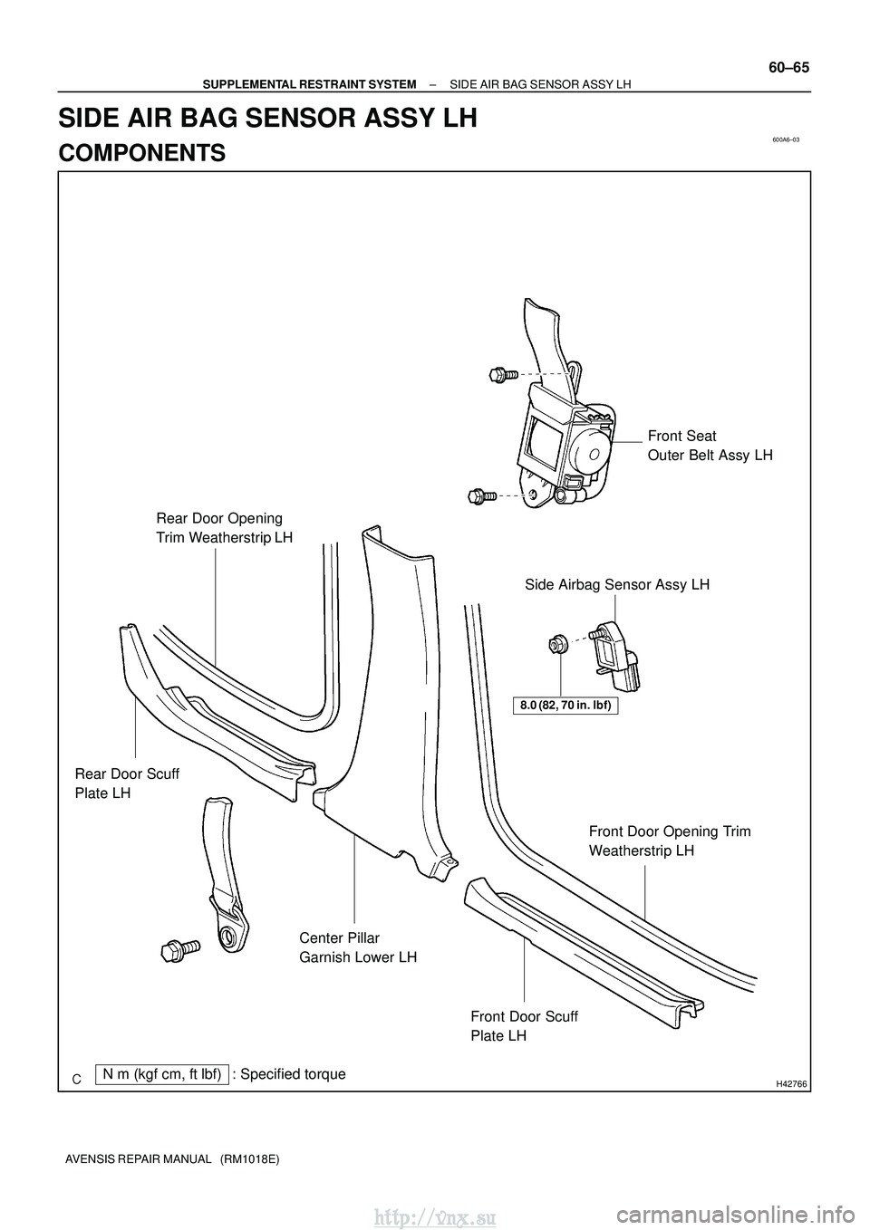 TOYOTA AVENSIS 2003  Service Repair Manual 600A6±03
H42766Nm (kgf cm, ftlbf) : Specified torque
Rear Door Opening 
Trim Weatherstrip LH
Rear Door Scuff 
Plate LH Center Pillar 
Garnish Lower LHFront Door Scuff 
Plate LHFront Door Opening T