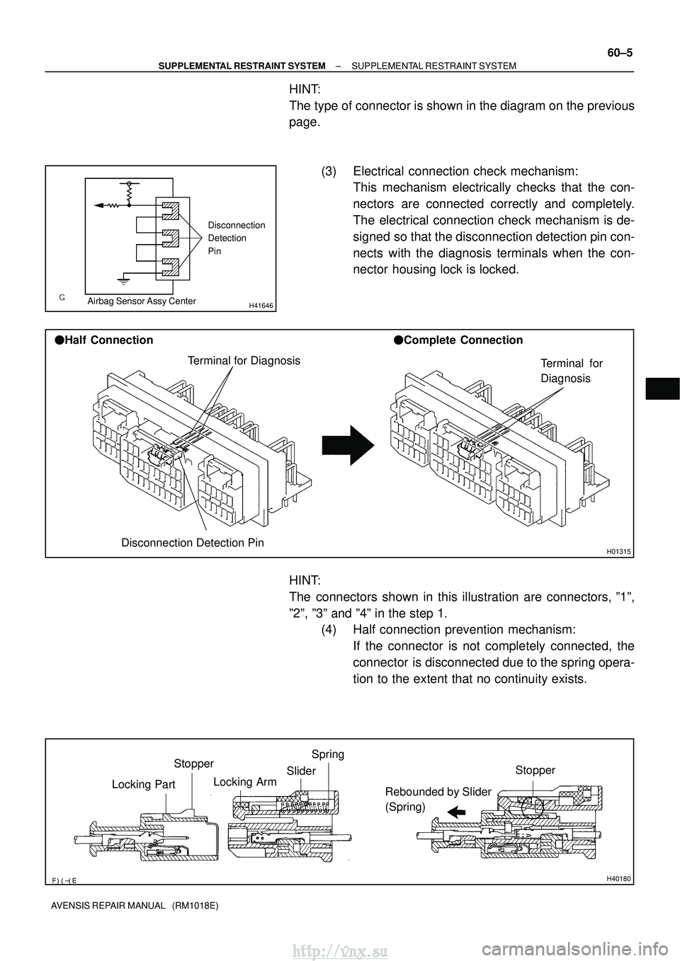 TOYOTA AVENSIS 2003  Service Repair Manual H41646
Disconnection
Detection 
Pin
Airbag Sensor Assy Center
H01315
Terminal for Diagnosis
Disconnection Detection Pin

Half Connection Complete Connection
Terminal for
Diagnosis
H40180
Stopp