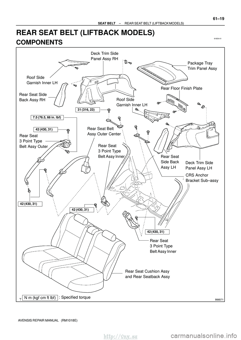 TOYOTA AVENSIS 2003  Service Repair Manual 610E9±01
B66571Nm (kgf cm ftlbf): Specified torque Deck Trim Side
Panel Assy RH
Package Tray 
Trim Panel Assy
Roof Side
Garnish Inner LH
Deck Trim Side
Panel Assy LH
Rear Floor Finish Plate
Rear S