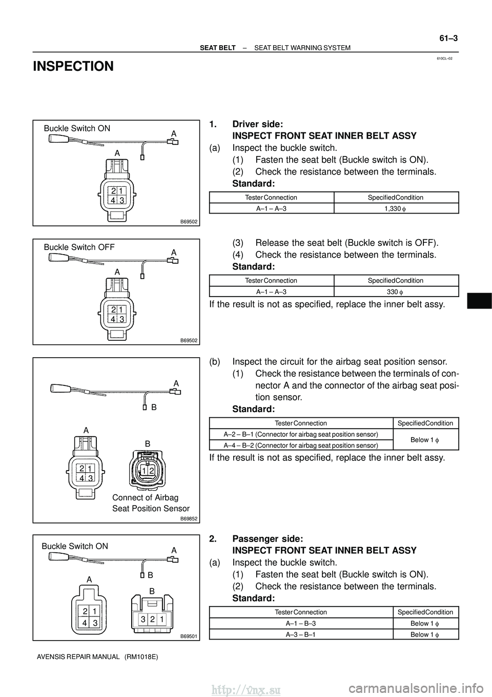 TOYOTA AVENSIS 2003  Service Repair Manual 610CL±02
B69502
AA
Buckle Switch ON
13
2
4
B69502
A A
Buckle Switch OFF
13
2
4
B69852
3
2
1
4 A
A
Connect of Airbag
Seat Position Sensor 12B
B
B69501
A A
Buckle Switch ON
BB
3
21
4 321
±
SEAT BELT S