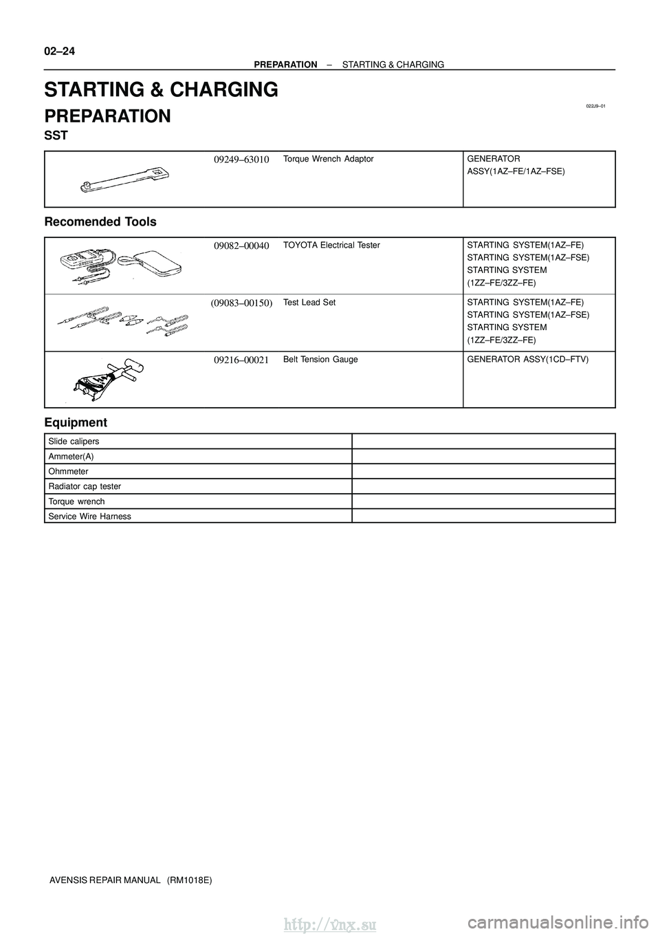 TOYOTA AVENSIS 2003  Service Repair Manual 022J9±01
02±24
±
PREPARATION STARTING & CHARGING
AVENSIS REPAIR MANUAL   (RM1018E)
STARTING & CHARGING
PREPARATION
SST
09249±63010Torque  Wrench  AdaptorGENERATOR
ASSY(1AZ±FE/1AZ±FSE)
Recomended