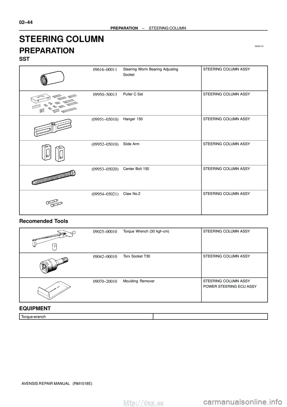 TOYOTA AVENSIS 2003  Service Repair Manual 022JS±01
02±44
±
PREPARATION STEERING COLUMN
AVENSIS REPAIR MANUAL   (RM1018E)
STEERING COLUMN
PREPARATION
SST
09616±00011Steering  Worm Bearing Adjusting
SocketSTEERING COLUMN ASSY
09950±50013Pu