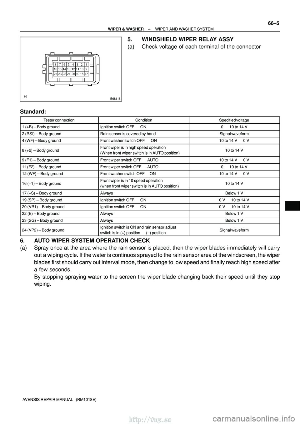 TOYOTA AVENSIS 2003  Service Repair Manual E68116
±
WIPER & WASHER WIPER AND WASHER SYSTEM
66±5
AVENSIS REPAIR MANUAL   (RM1018E)
5. WINDSHIELD WIPER RELAY ASSY
(a) Check voltage of each terminal of the connector
Standard:
Tester connectionC
