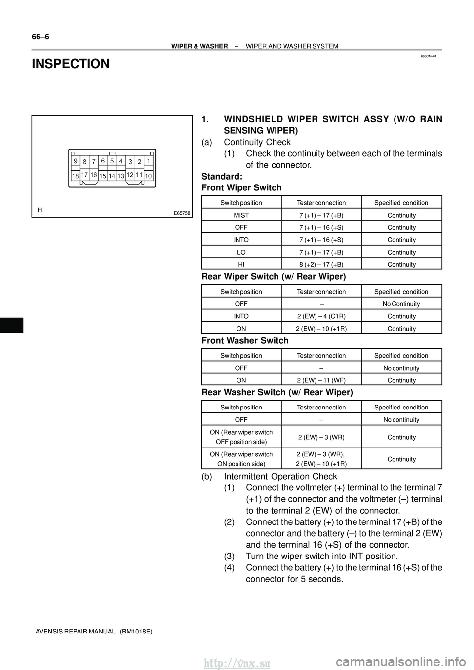 TOYOTA AVENSIS 2003  Service Repair Manual 660CM±01
E65758
66±6
±
WIPER & WASHER WIPER AND WASHER SYSTEM
AVENSIS REPAIR MANUAL   (RM1018E)
INSPECTION
1. WINDSHIELD WIPER SWITCH ASSY (W/O RAIN SENSING WIPER)
(a) Continuity Check (1) Check th