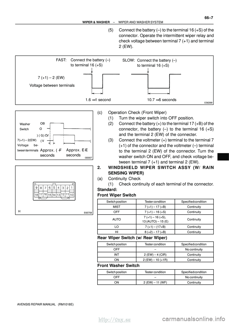 TOYOTA AVENSIS 2003  Service Repair Manual E56399
7 (+1) ± 2 (EW)
Voltage between terminals
10.7 5 seconds
Connect the battery (±)
to terminal 16 (+S)
FAST:
1.6 1 second SLOW:
Connect the battery (±)
to terminal 16 (+S)
	\b
	
 


