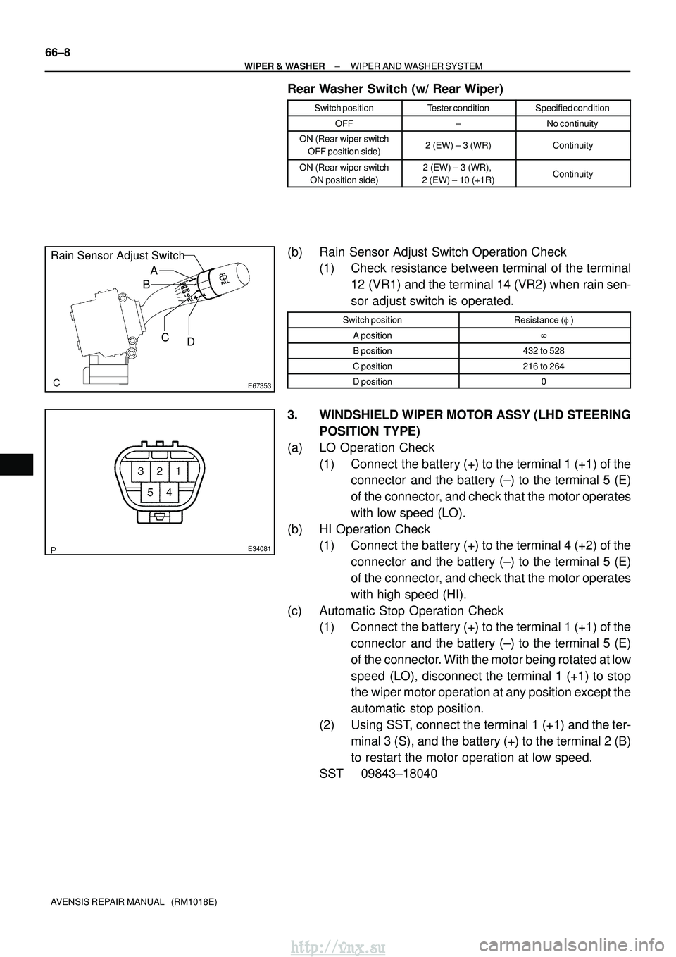 TOYOTA AVENSIS 2003  Service Repair Manual E67353
A
B
C D
Rain Sensor Adjust Switch
E34081
66±8
±
WIPER & WASHER WIPER AND WASHER SYSTEM
AVENSIS REPAIR MANUAL   (RM1018E)
Rear Washer Switch (w/ Rear Wiper)
Switch positionTester conditionSpec