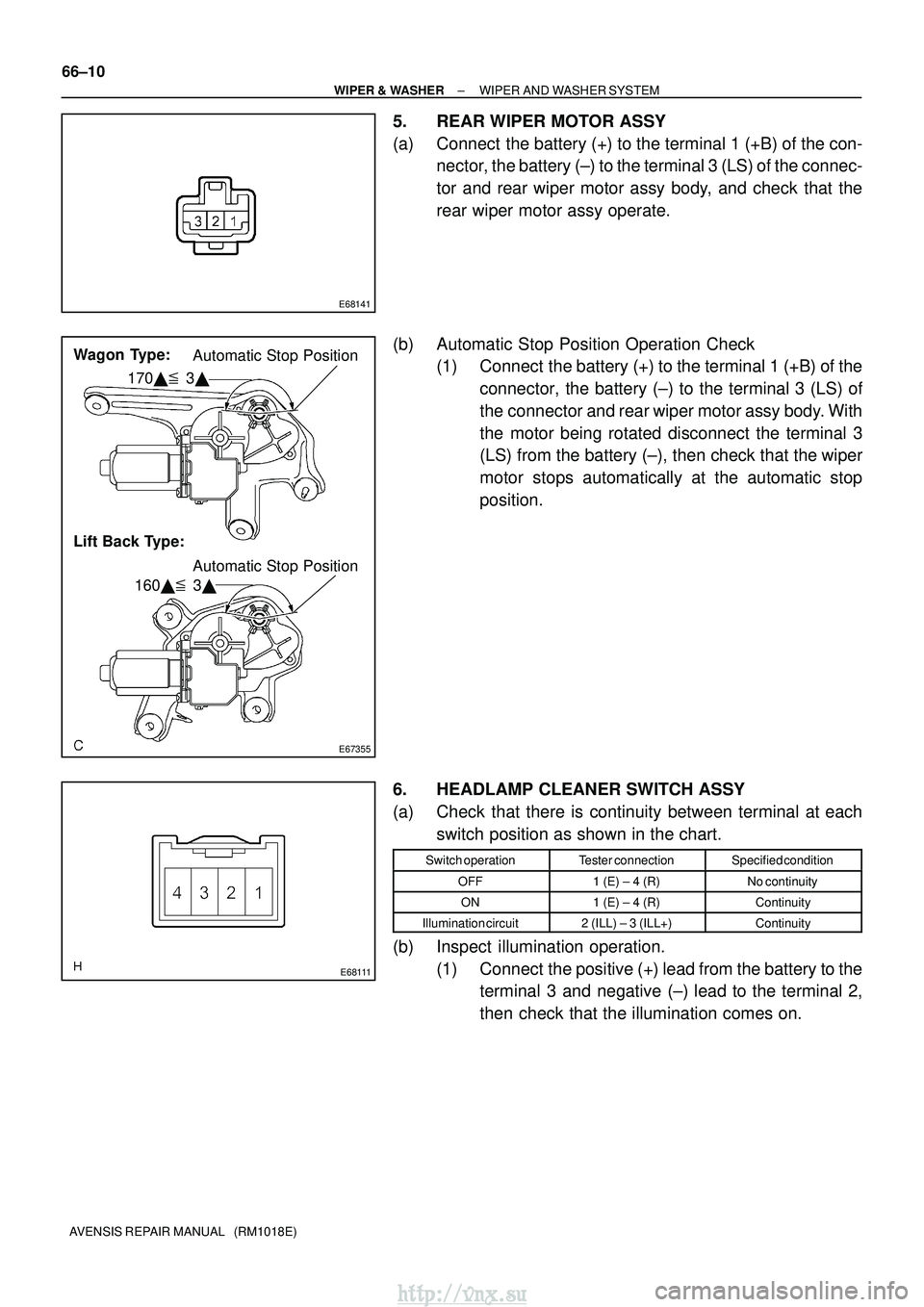 TOYOTA AVENSIS 2003  Service Repair Manual E68141
E67355
Wagon Type:Automatic Stop Position
Automatic Stop Position
Lift Back Type: 170
   3
160    3
E68111
66±10
±
WIPER & WASHER WIPER AND WASHER SYSTEM
AVENSIS REPAIR MANUAL   (RM1018