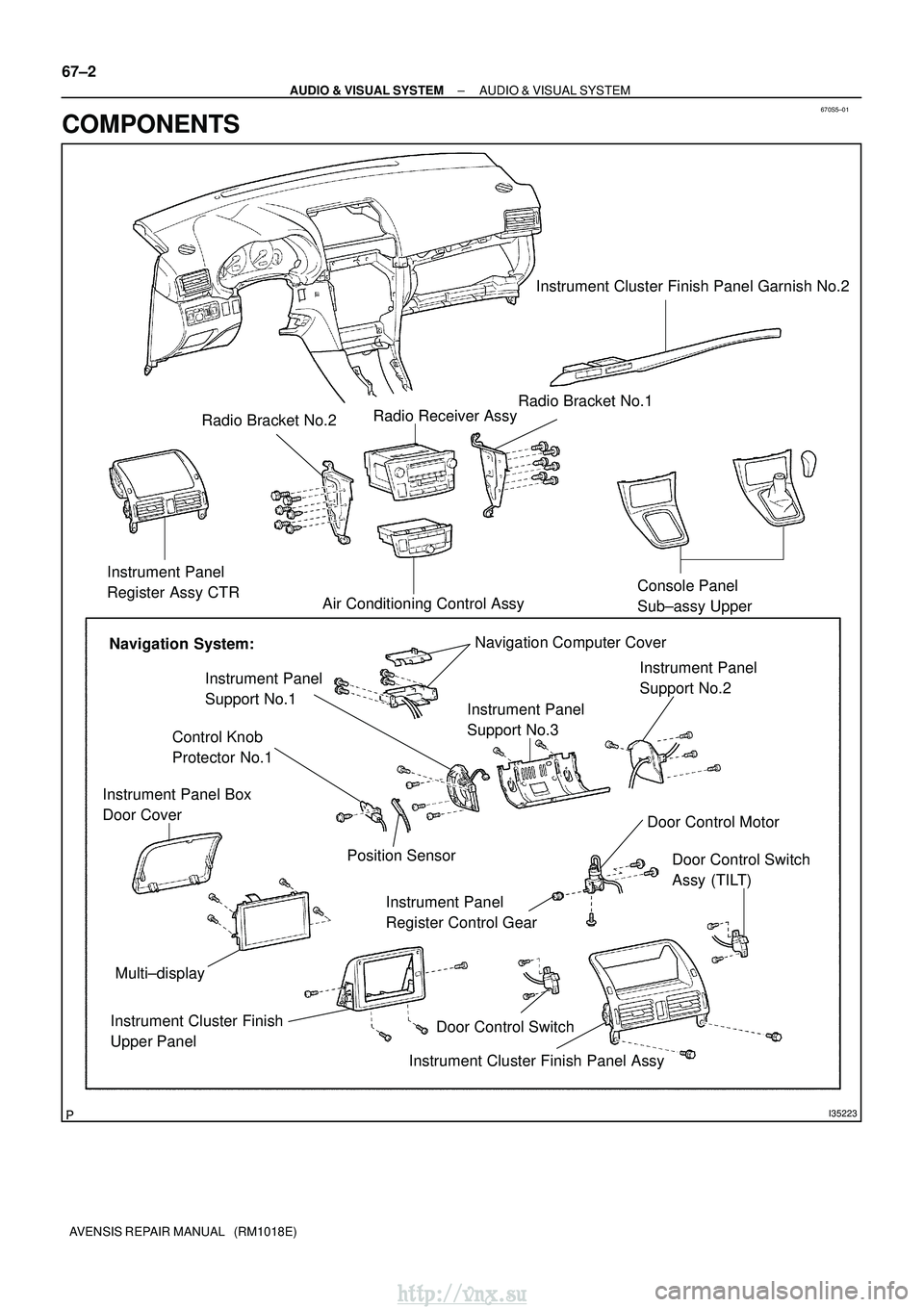 TOYOTA AVENSIS 2003  Service Repair Manual 670S5±01
I35223
Instrument Cluster Finish Panel Garnish No.2
Radio Bracket No.2 Radio Receiver Assy
Instrument Panel 
Register Assy CTR Air Conditioning Control Assy Console Panel 
Sub±assy Upper
Na