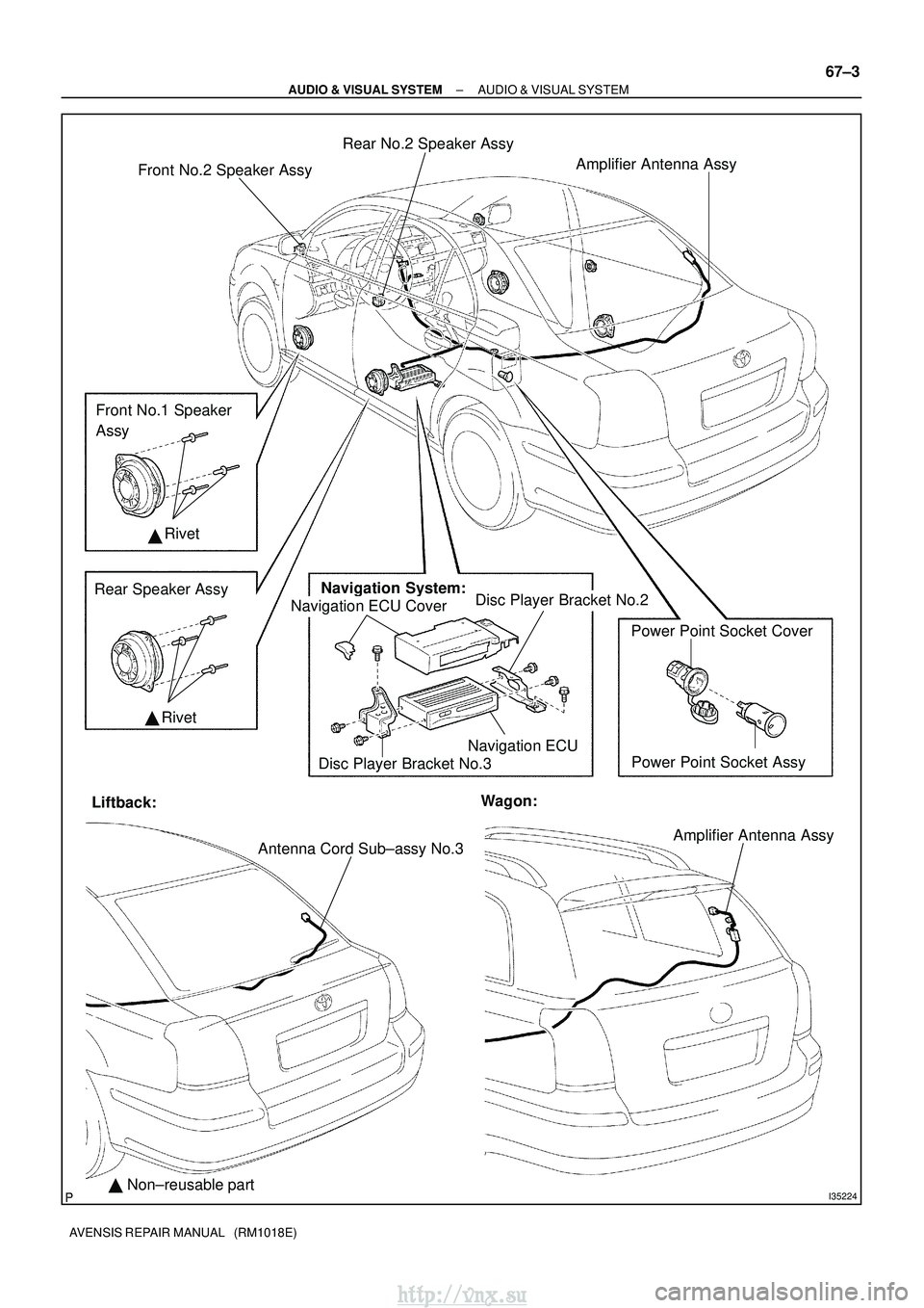 TOYOTA AVENSIS 2003  Service Repair Manual I35224
Front No.2 Speaker AssyAmplifier Antenna Assy
Front No.1 Speaker 
Assy
Rear Speaker Assy Navigation System:
Disc Player Bracket No.2
Rivet
Navigation ECUPower Point Socket Cover
Power Point Soc