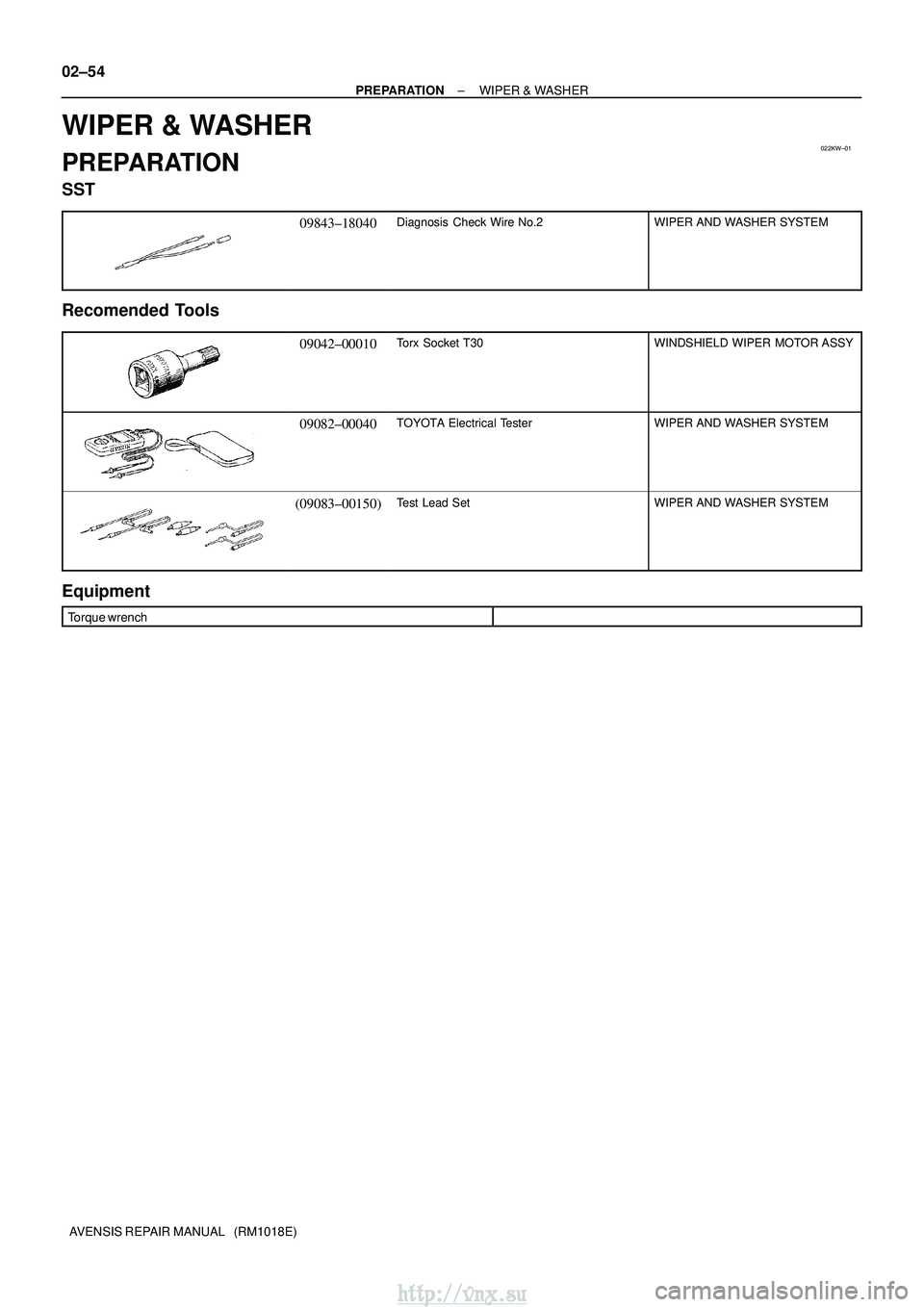 TOYOTA AVENSIS 2003  Service Repair Manual 022KW±01
02±54
±
PREPARATION WIPER & WASHER
AVENSIS REPAIR MANUAL   (RM1018E)
WIPER & WASHER
PREPARATION
SST
09843±18040Diagnosis  Check Wire No.2WIPER AND WASHER SYSTEM
Recomended Tools
09042±00