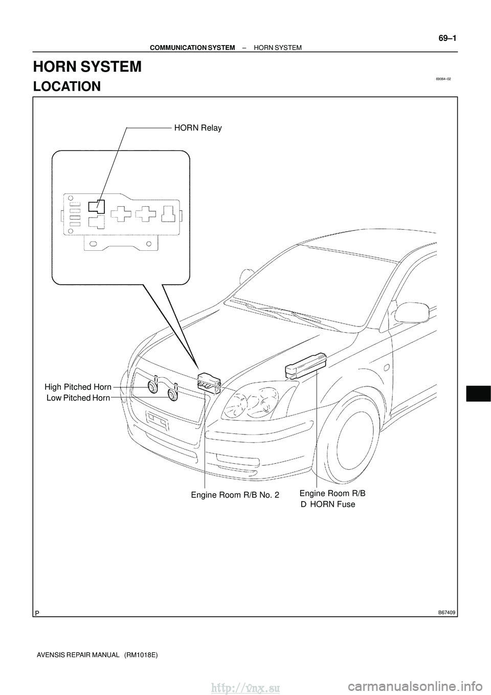 TOYOTA AVENSIS 2003  Service Repair Manual 69064±02
B67409
Low Pitched HornHORN Relay
High Pitched Horn
Engine Room R/B No. 2Engine Room R/B
  HORN Fuse
±
COMMUNICATION SYSTEM HORN SYSTEM
69±1
AVENSIS REPAIR MANUAL   (RM1018E)
HORN SYSTEM
