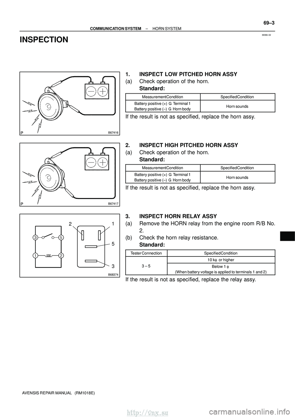 TOYOTA AVENSIS 2003  Service Repair Manual 69066±02
B67416
B67417
B68374
21
5
3
±
COMMUNICATION SYSTEM HORN SYSTEM
69±3
AVENSIS REPAIR MANUAL   (RM1018E)
INSPECTION
1. INSPECT LOW PITCHED HORN ASSY
(a) Check operation of the horn.
Standard:
