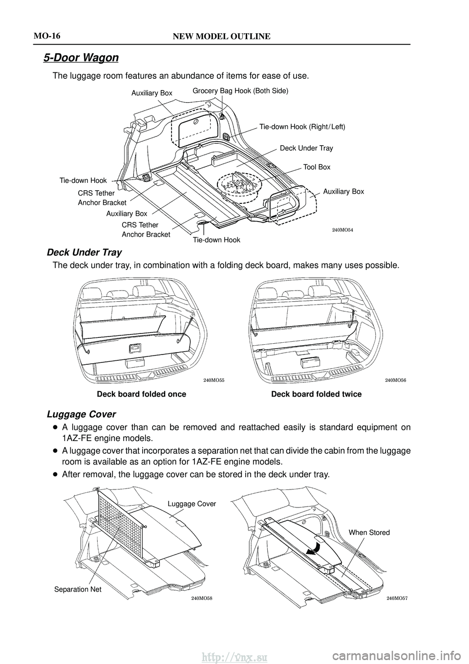 TOYOTA AVENSIS 2003  Service User Guide NEW MODEL OUTLINE
\b	
Auxiliary BoxGrocery Bag Hook (Both Side)
Tie-down Hook Auxiliary Box Tie-down Hook Auxiliary Box
Tool Box
Deck Under Tray
Tie-down Hook (Right / Left)
CRS Tether 
Anchor Br