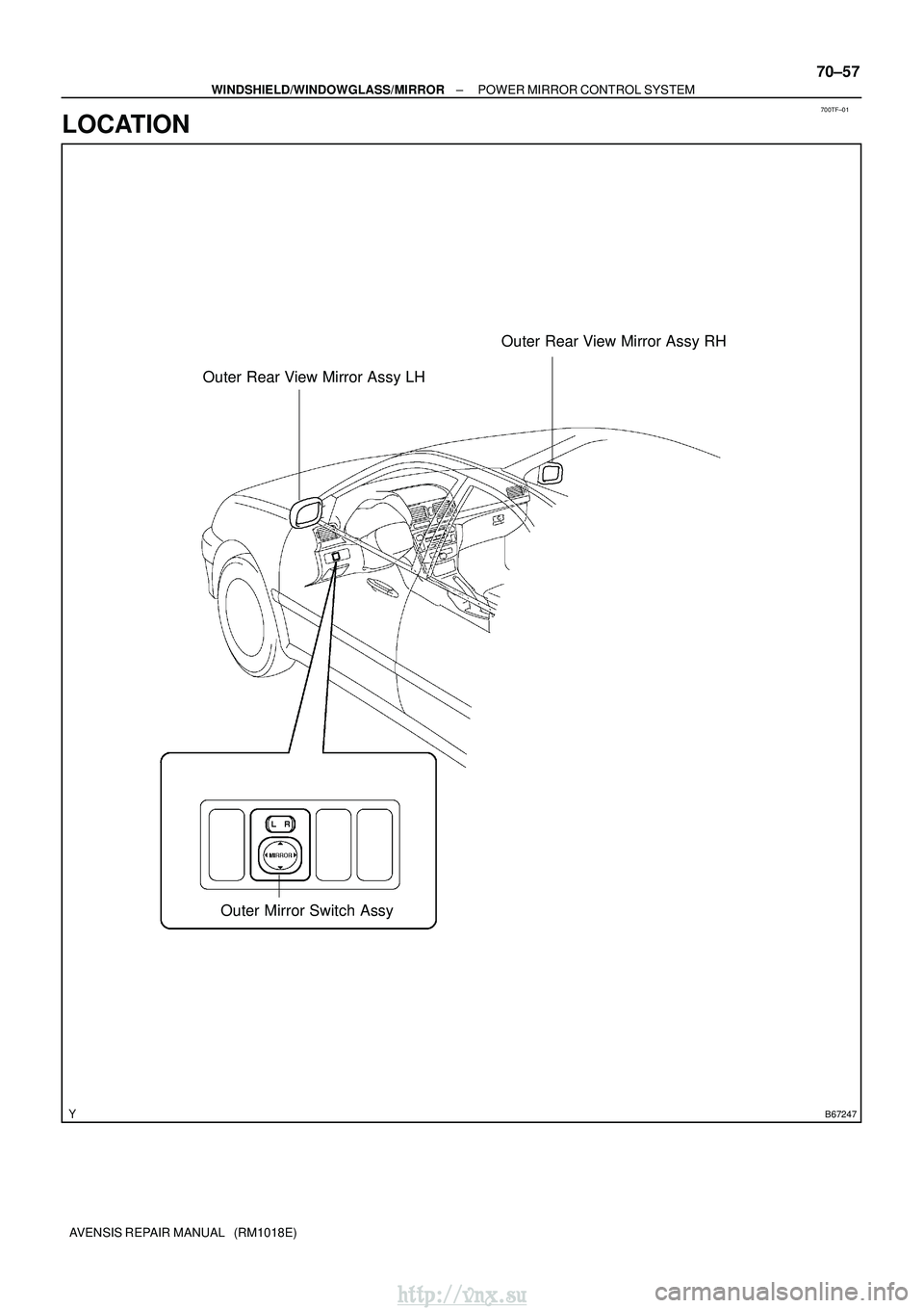 TOYOTA AVENSIS 2003  Service Repair Manual 700TF±01
B67247
Outer Rear View Mirror Assy LHOuter Mirror Switch Assy Outer Rear View Mirror Assy RH
±
WINDSHIELD/WINDOWGLASS/MIRROR POWER MIRROR CONTROL SYSTEM
70±57
AVENSIS REPAIR MANUAL   (RM10