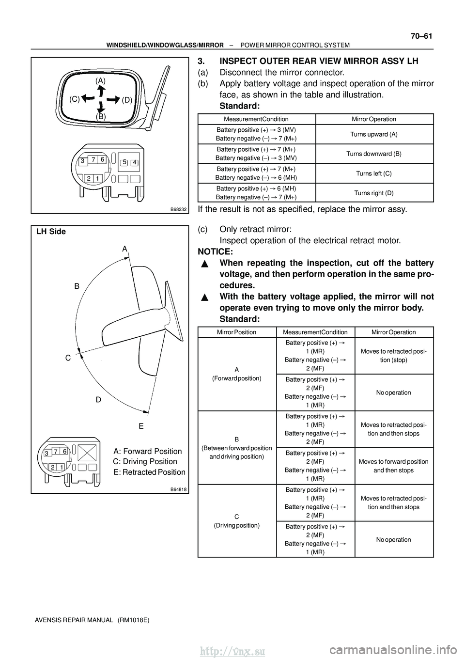 TOYOTA AVENSIS 2003  Service Repair Manual B68232
(A)(D)
(C)
(B)
12
3
4
5
6
7
B64818
LH Side
A: Forward Position
C: Driving Position
E: Retracted Position
B
A
C D E
12
3
6
7
±
WINDSHIELD/WINDOWGLASS/MIRROR POWER MIRROR CONTROL SYSTEM
70±61
A