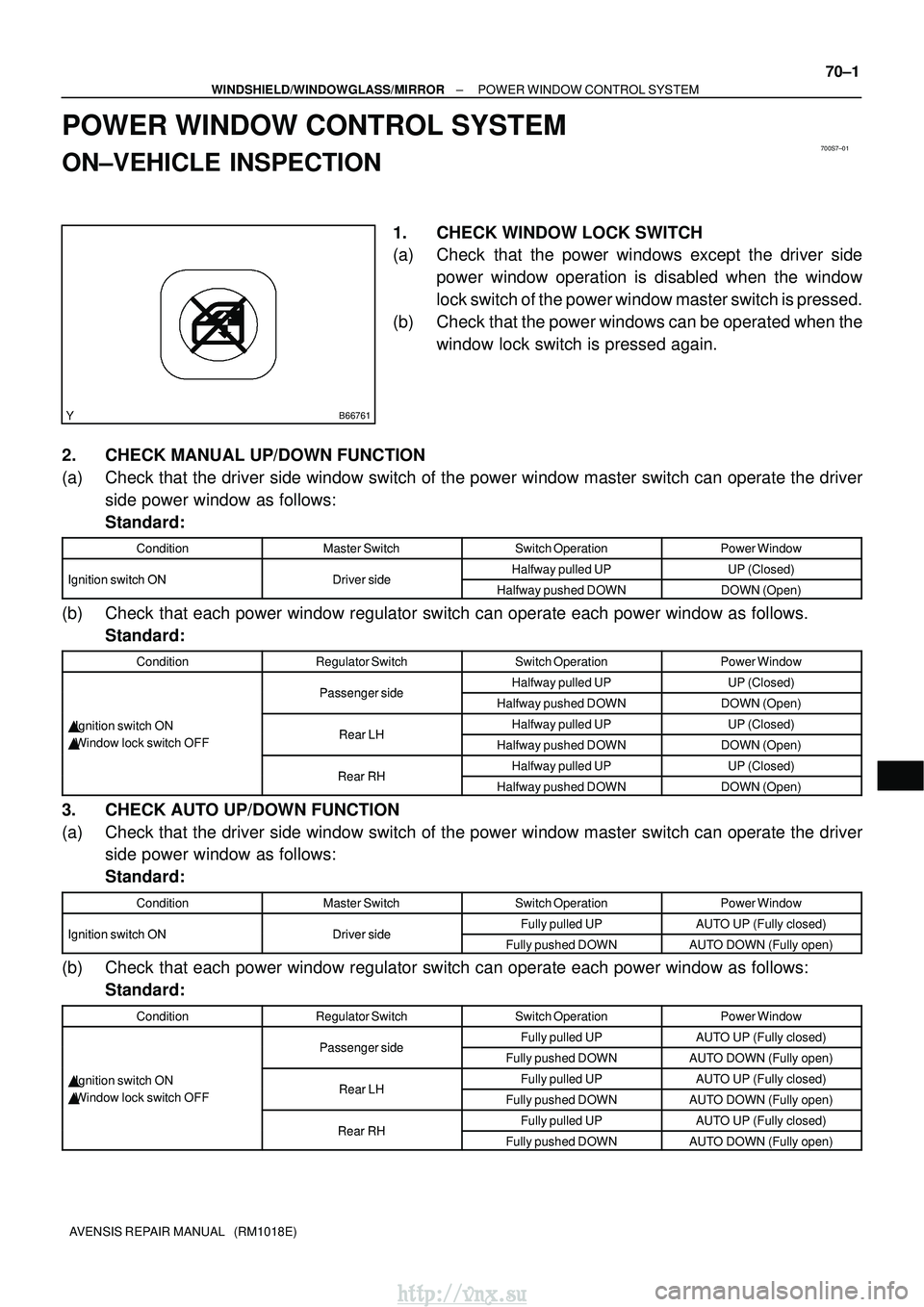 TOYOTA AVENSIS 2003  Service Repair Manual 700S7±01
B66761
±
WINDSHIELD/WINDOWGLASS/MIRROR POWER WINDOW CONTROL SYSTEM
70±1
AVENSIS REPAIR MANUAL   (RM1018E)
POWER WINDOW CONTROL SYSTEM
ON±VEHICLE INSPECTION
1. CHECK WINDOW LOCK SWITCH
(a)