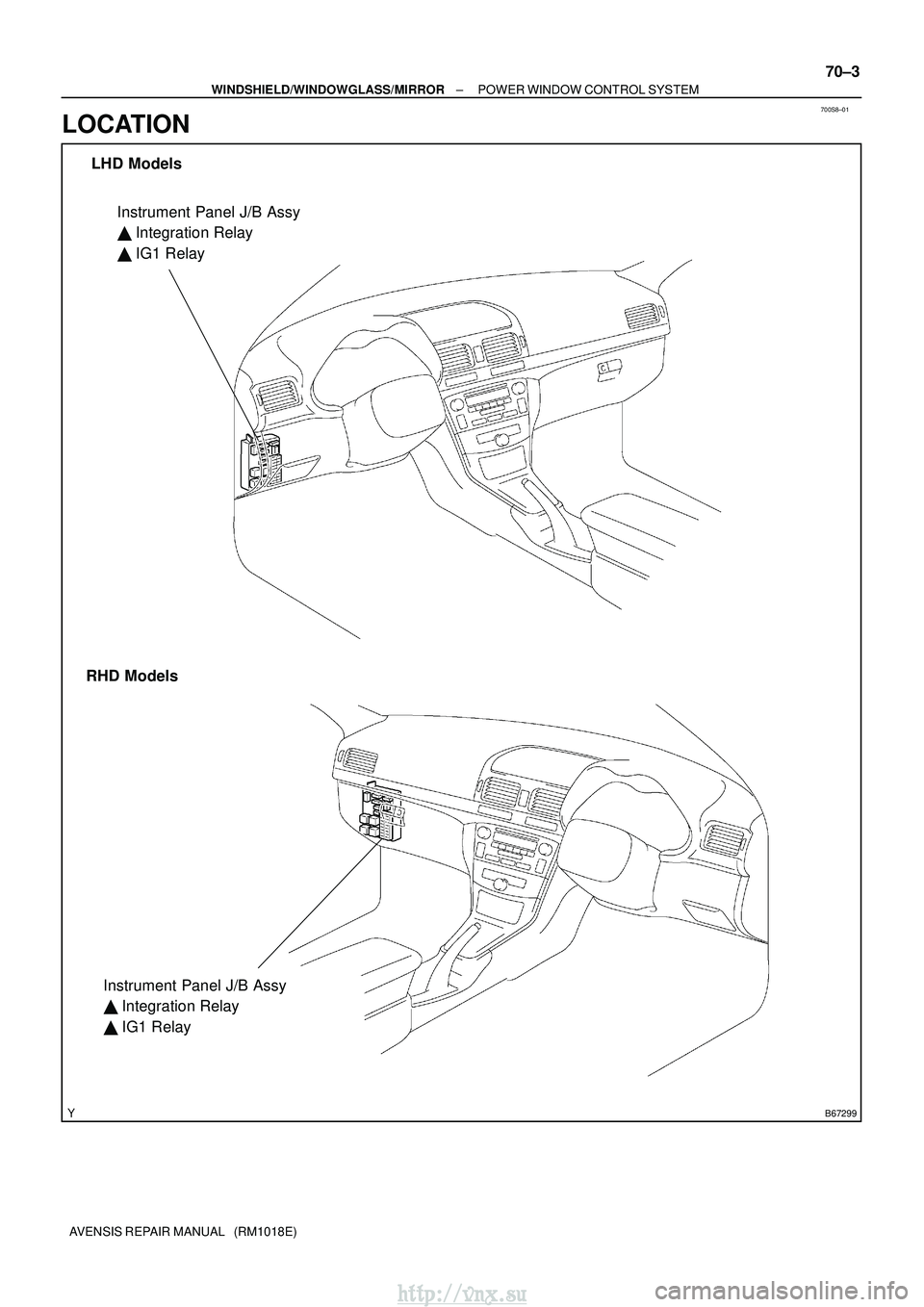 TOYOTA AVENSIS 2003  Service Repair Manual 700S8±01
B67299
Instrument Panel J/B Assy
 Integration Relay
  IG1 Relay
Instrument Panel J/B Assy
 Integration Relay
  IG1 Relay
LHD Models
RHD Models
±
WINDSHIELD/WINDOWGLASS/MIRROR POWER WIND