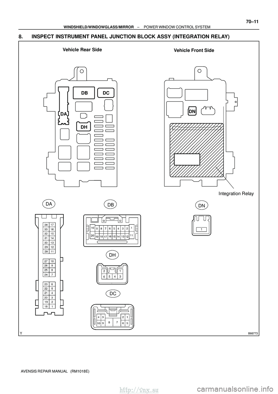 TOYOTA AVENSIS 2003  Service Repair Manual B66773
DADBDN
Vehicle Front Side
Vehicle Rear Side
DB
DA DH DC
DN
DC
DH
Integration Relay
±
WINDSHIELD/WINDOWGLASS/MIRROR POWER WINDOW CONTROL SYSTEM
70±11
AVENSIS REPAIR MANUAL   (RM1018E)
8. INSPE