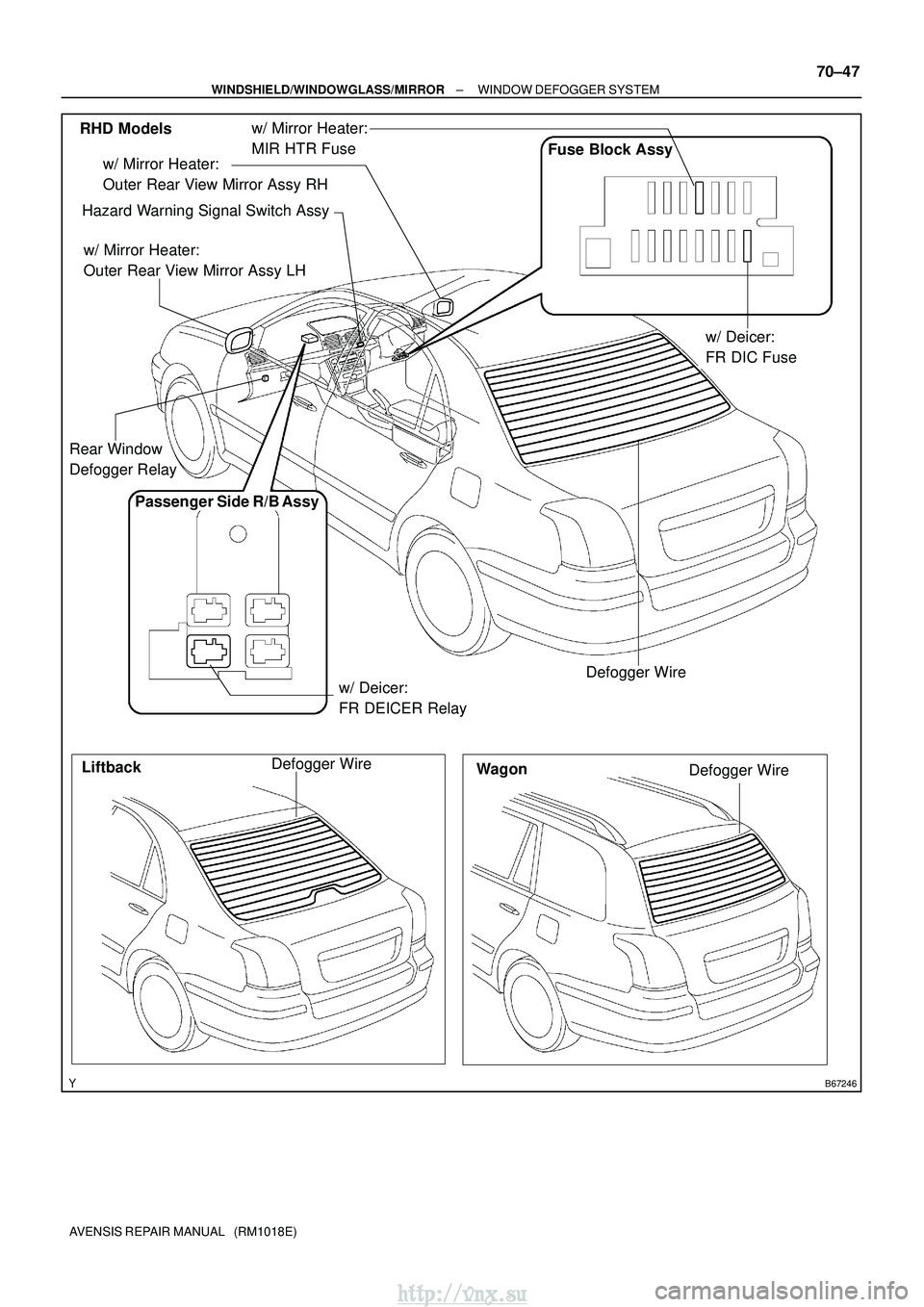 TOYOTA AVENSIS 2003  Service Repair Manual B67246
RHD ModelsDefogger Wire
Liftback WagonDefogger Wire
Defogger Wire
Hazard Warning Signal Switch Assy
Passenger Side R/B Assy
w/ Deicer:
FR DEICER Relay
Fuse Block Assy
w/ Deicer:
FR DIC Fuse
w/ 