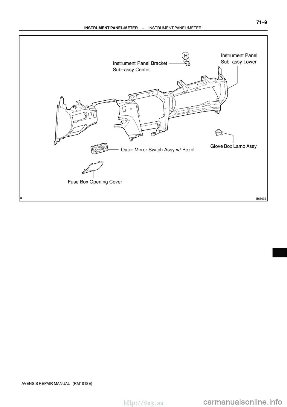 TOYOTA AVENSIS 2003  Service Repair Manual B66039
Instrument Panel Bracket 
Sub±assy CenterInstrument Panel 
Sub±assy Lower
Glove Box Lamp Assy
Outer Mirror Switch Assy w/ Bezel
Fuse Box Opening Cover
H
±
INSTRUMENT PANEL/METER INSTRUMENT P