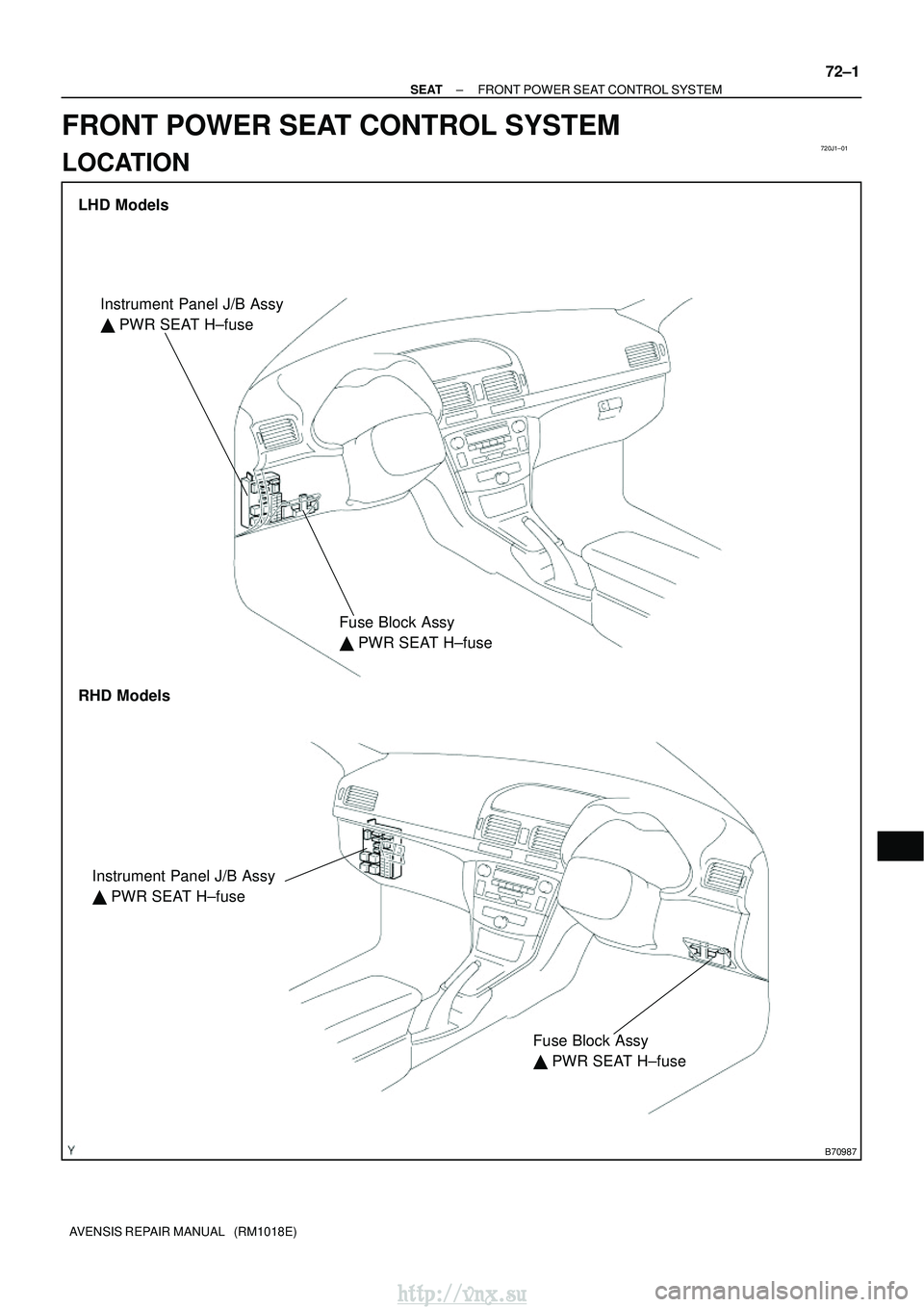 TOYOTA AVENSIS 2003  Service Repair Manual 720J1±01
B70987
LHD Models
RHD ModelsInstrument Panel J/B Assy

 PWR SEAT H±fuse
Fuse Block Assy
 PWR SEAT H±fuse
Instrument Panel J/B Assy
  PWR SEAT H±fuse
Fuse Block Assy
 PWR SEAT H±fuse
