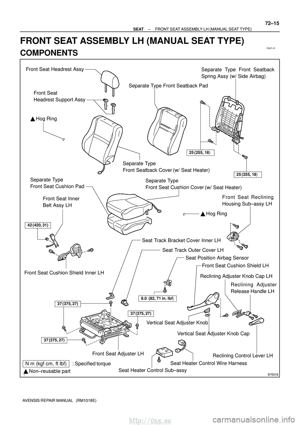 TOYOTA AVENSIS 2003  Service Repair Manual 720J7±01
B70318
Front Seat Headrest AssyVertical Seat Adjuster KnobReclining Adjuster
Release Handle LH
Front Seat Cushion Shield LH
Front Seat Inner 
Belt Assy LH
Front Seat Cushion Shield Inner LH 