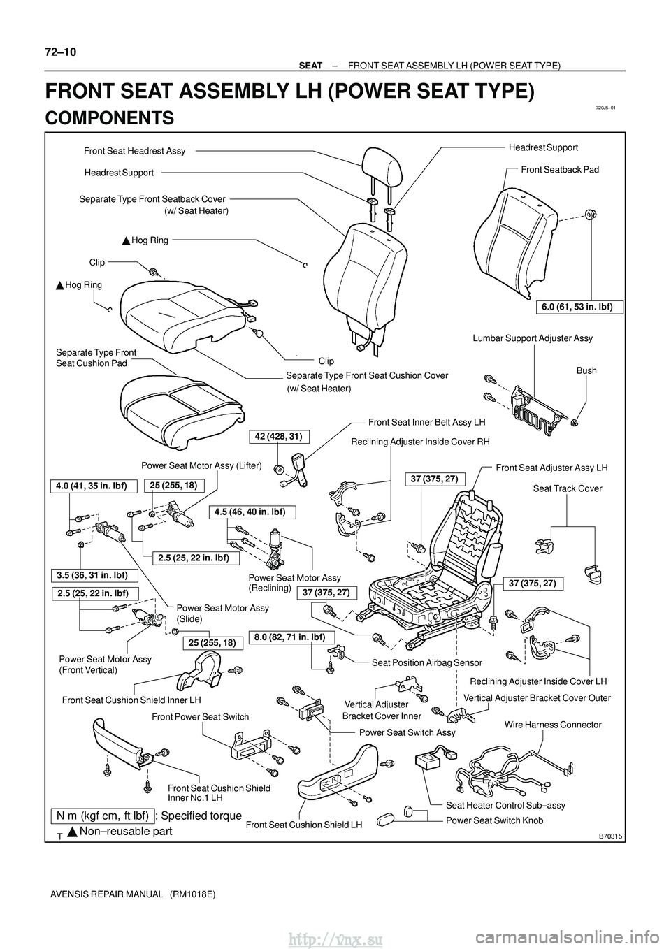 TOYOTA AVENSIS 2003  Service Repair Manual 720J5±01
B70315
Headrest Support
Power Seat Switch Assy
Power Seat Switch Knob
Front Seat Inner Belt Assy LH
Front Seat Headrest Assy

 Hog Ring
Separate Type Front Seatback Cover
 Hog Ring
Front S
