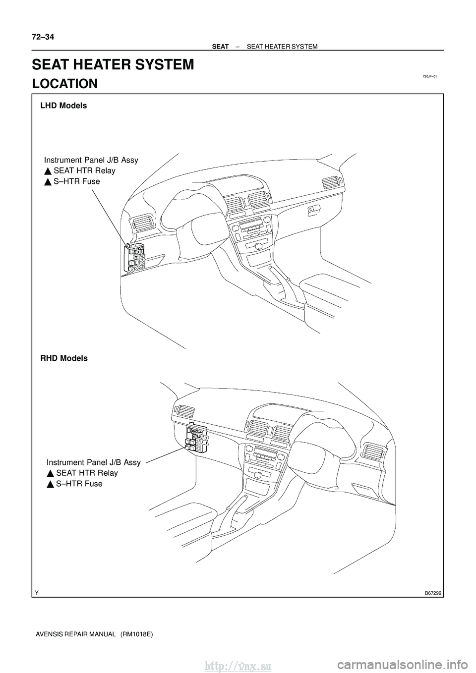 TOYOTA AVENSIS 2003  Service Repair Manual 720JF±01
B67299
LHD Models
RHD ModelsInstrument Panel J/B Assy

 SEAT HTR Relay
  S±HTR Fuse
Instrument Panel J/B Assy
 SEAT HTR Relay
  S±HTR Fuse
72±34
±
SEAT SEAT HEATER SYSTEM
AVENSIS REP
