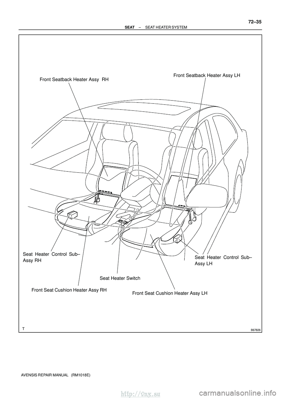 TOYOTA AVENSIS 2003  Service Repair Manual B67826
Front Seat Cushion Heater Assy RHFront Seatback Heater Assy  RH
Seat Heater Switch
Seat Heater Control Sub±
Assy RH
Front Seatback Heater Assy LHSeat Heater Control Sub±
Assy LH
Front Seat Cu