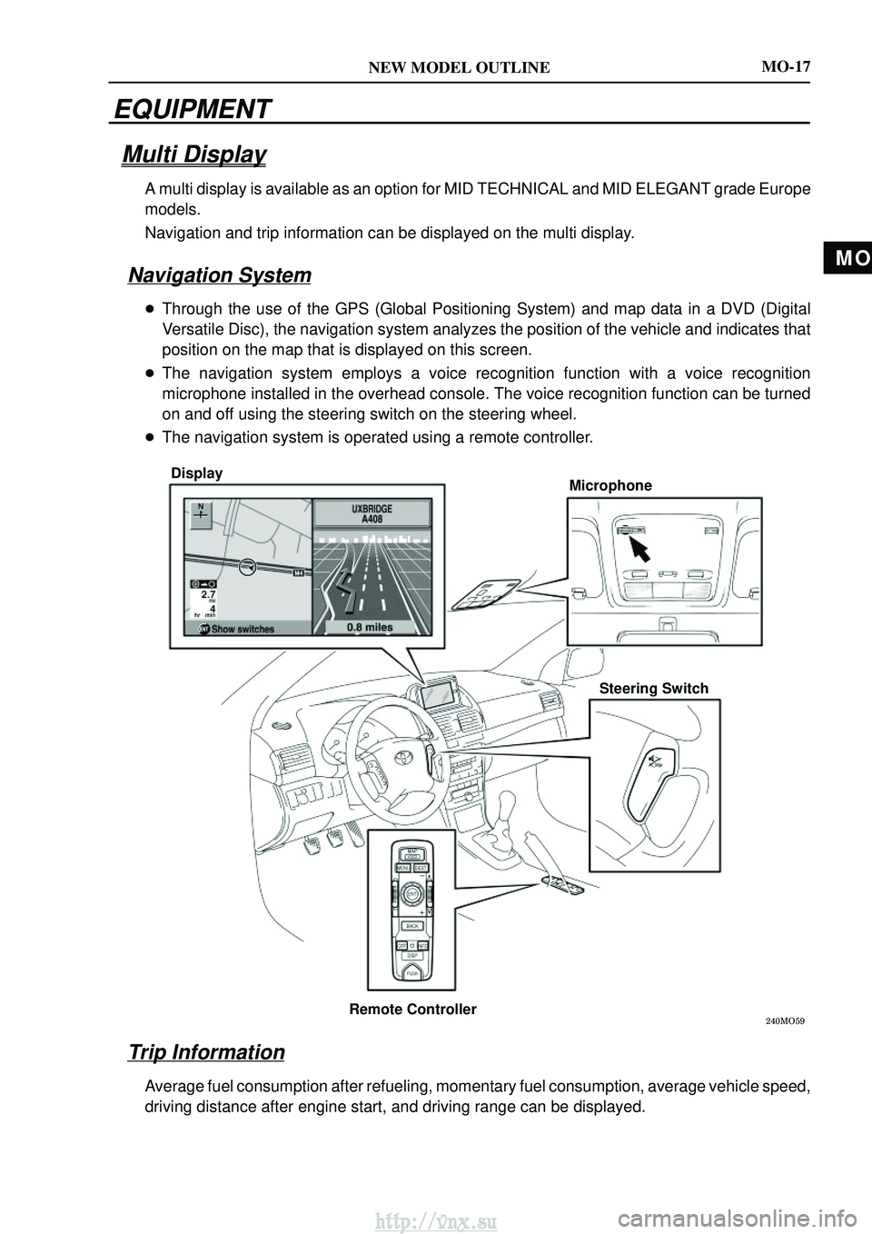 TOYOTA AVENSIS 2003  Service User Guide MO
NEW MODEL OUTLINE

DisplayMicrophone
Steering Switch
Remote Controller
MO-17
EQUIPMENT
Multi Display
A multi display is available as an option for MID TECHNICAL and MID ELEG\
ANT grade Europ