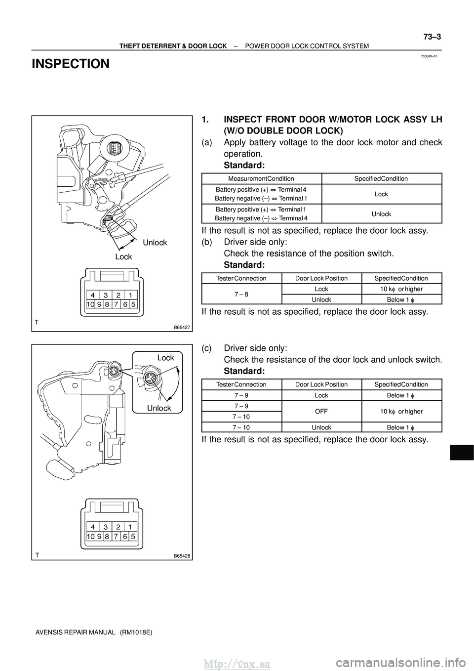 TOYOTA AVENSIS 2003 Service Repair Manual 730GW±01
B65427
Unlock
Lock
B65428
UnlockLock
±
THEFT DETERRENT & DOOR LOCK POWER DOOR LOCK CONTROL SYSTEM
73±3
AVENSIS REPAIR MANUAL (RM1018E)
INSPECTION
1. INSPECT FRONT DOOR W/MOTOR LOCK ASSY TOYOTA AVENSIS 2003 Service Repair Manual 730GW±01
B65427
Unlock
Lock
B65428
UnlockLock
±
THEFT DETERRENT & DOOR LOCK POWER DOOR LOCK CONTROL SYSTEM
73±3
AVENSIS REPAIR MANUAL (RM1018E)
INSPECTION
1. INSPECT FRONT DOOR W/MOTOR LOCK ASSY