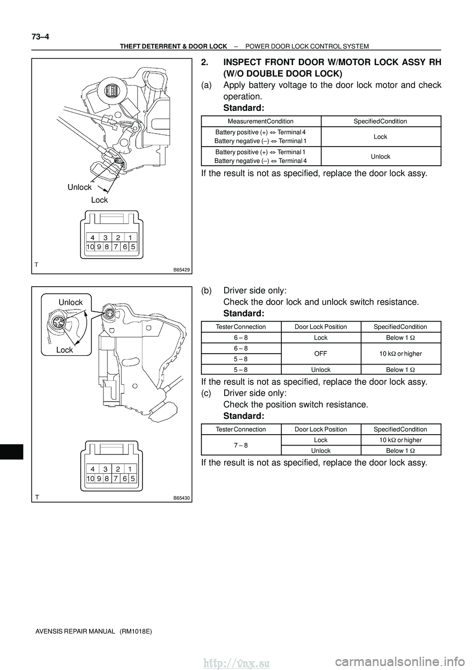 TOYOTA AVENSIS 2003 Service Repair Manual B65429
Unlock
Lock
B65430
Unlock
Lock
73±4
±
THEFT DETERRENT & DOOR LOCK POWER DOOR LOCK CONTROL SYSTEM
AVENSIS REPAIR MANUAL (RM1018E)
2. INSPECT FRONT DOOR W/MOTOR LOCK ASSY RH (W/O DOUBLE DOOR TOYOTA AVENSIS 2003 Service Repair Manual B65429
Unlock
Lock
B65430
Unlock
Lock
73±4
±
THEFT DETERRENT & DOOR LOCK POWER DOOR LOCK CONTROL SYSTEM
AVENSIS REPAIR MANUAL (RM1018E)
2. INSPECT FRONT DOOR W/MOTOR LOCK ASSY RH (W/O DOUBLE DOOR