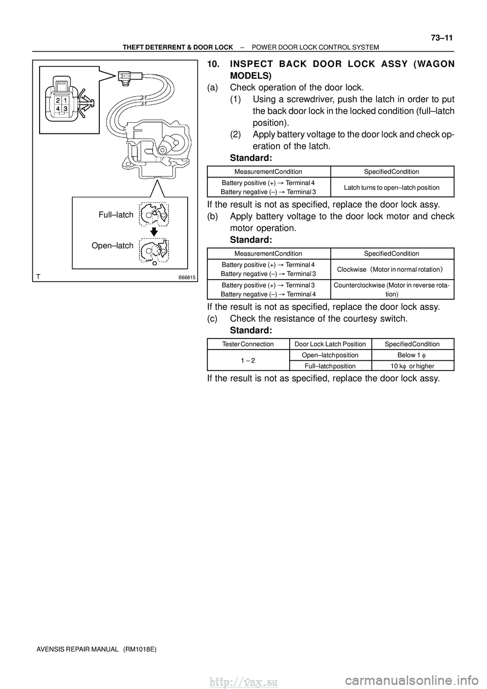 TOYOTA AVENSIS 2003 Service Repair Manual B66815
Full±latch
Open±latch
±
THEFT DETERRENT & DOOR LOCK POWER DOOR LOCK CONTROL SYSTEM
73±11
AVENSIS REPAIR MANUAL (RM1018E)
10. INSPECT BACK DOOR LOCK ASSY (WAGON
MODELS)
(a) Check operation TOYOTA AVENSIS 2003 Service Repair Manual B66815
Full±latch
Open±latch
±
THEFT DETERRENT & DOOR LOCK POWER DOOR LOCK CONTROL SYSTEM
73±11
AVENSIS REPAIR MANUAL (RM1018E)
10. INSPECT BACK DOOR LOCK ASSY (WAGON
MODELS)
(a) Check operation