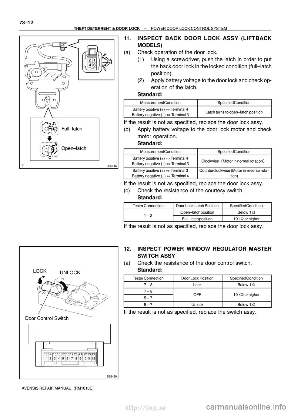 TOYOTA AVENSIS 2003 Service Repair Manual B66816
Full±latch
Open±latch
B68460
LOCKUNLOCK
Door Control Switch
123 6 7 45 8918 19 22 23
20 21 24
10 11
14 15
12
13 16 17
73±12
±
THEFT DETERRENT & DOOR LOCK POWER DOOR LOCK CONTROL SYSTEM
AVEN TOYOTA AVENSIS 2003 Service Repair Manual B66816
Full±latch
Open±latch
B68460
LOCKUNLOCK
Door Control Switch
123 6 7 45 8918 19 22 23
20 21 24
10 11
14 15
12
13 16 17
73±12
±
THEFT DETERRENT & DOOR LOCK POWER DOOR LOCK CONTROL SYSTEM
AVEN