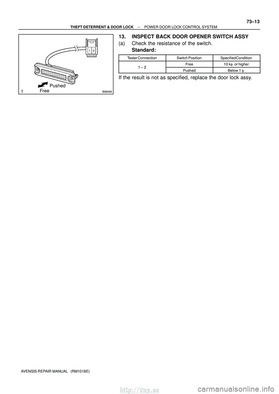 TOYOTA AVENSIS 2003  Service Repair Manual B68466
Pushed
Free
±
THEFT DETERRENT & DOOR LOCK POWER DOOR LOCK CONTROL SYSTEM
73±13
AVENSIS REPAIR MANUAL   (RM1018E)
13. INSPECT BACK DOOR OPENER SWITCH ASSY
(a) Check the resistance of the switc