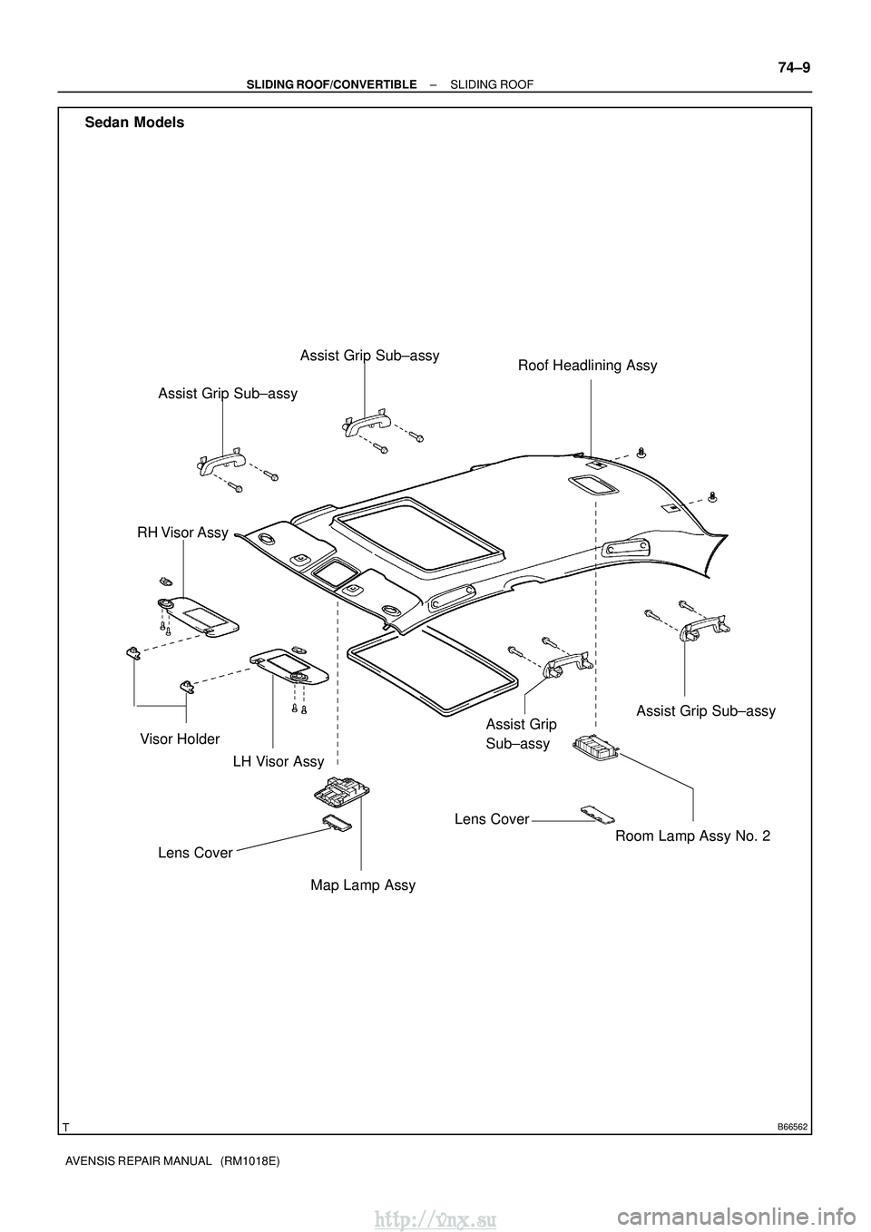 TOYOTA AVENSIS 2003  Service Repair Manual B66562
LH Visor Assy
Visor Holder Roof Headlining Assy
RH Visor Assy
Map Lamp Assy
Room Lamp Assy No. 2
Lens Cover
Assist Grip 
Sub±assy
Lens Cover Assist Grip Sub±assy
Assist Grip Sub±assy
Assist 