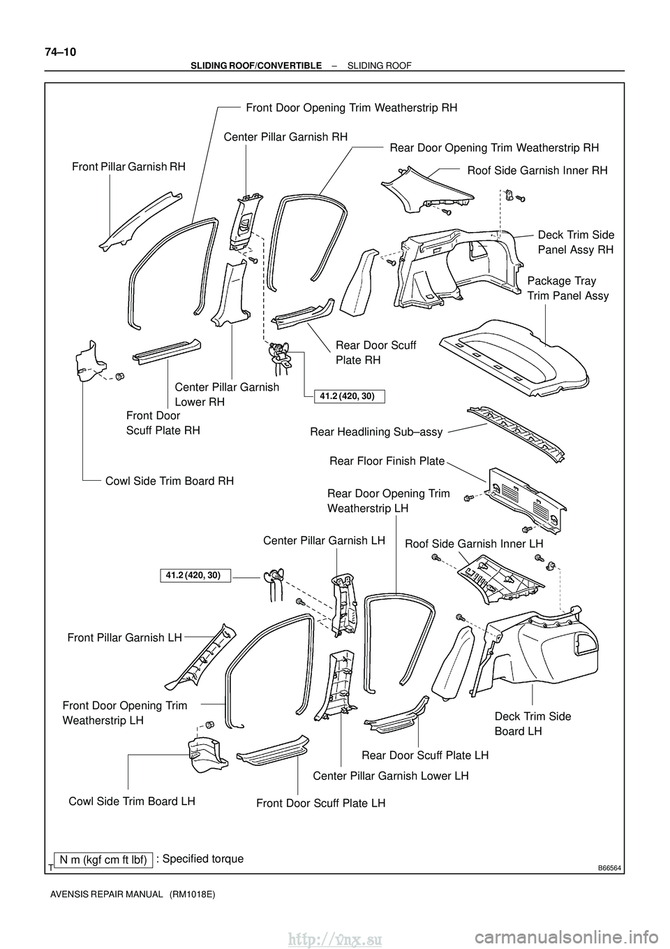 TOYOTA AVENSIS 2003  Service Repair Manual B66564
Roof Side Garnish Inner RHFront Pillar Garnish RH
Front Door Opening Trim Weatherstrip RH
Center Pillar Garnish RHRear Door Opening Trim Weatherstrip RH
Front Door
Scuff Plate RH
Rear Door Scuf