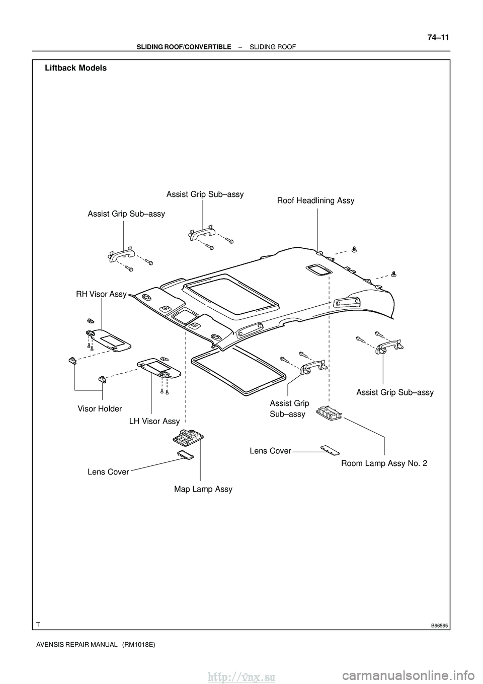 TOYOTA AVENSIS 2003  Service Repair Manual B66565
LH Visor Assy
Visor Holder Roof Headlining Assy
RH Visor Assy
Map Lamp Assy
Room Lamp Assy No. 2
Lens Cover
Assist Grip 
Sub±assy
Lens Cover Assist Grip Sub±assy
Assist Grip Sub±assy
Assist 